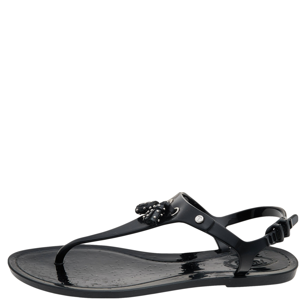 

Tod's Black Jelly Tassel Detail Thong Flat Sandals Size