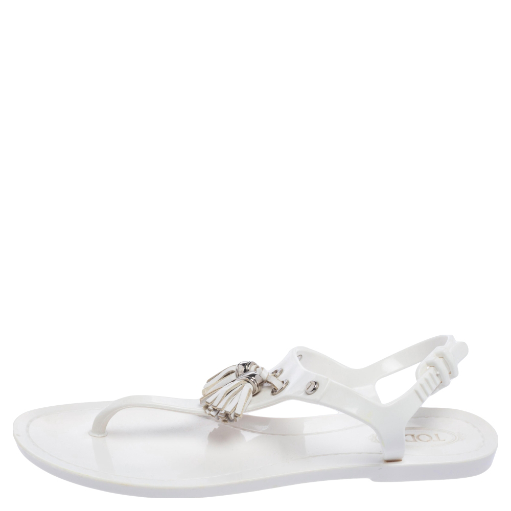 

Tod's White Jelly Tassel Detail Thong Flat Sandals Size