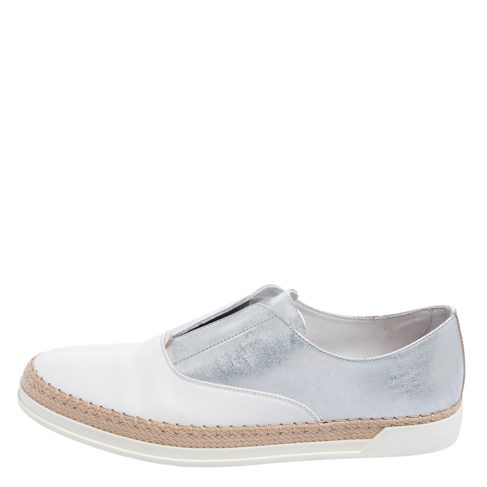 

Tod's White/Silver Leather Espadrille Slip On Sneaker Size