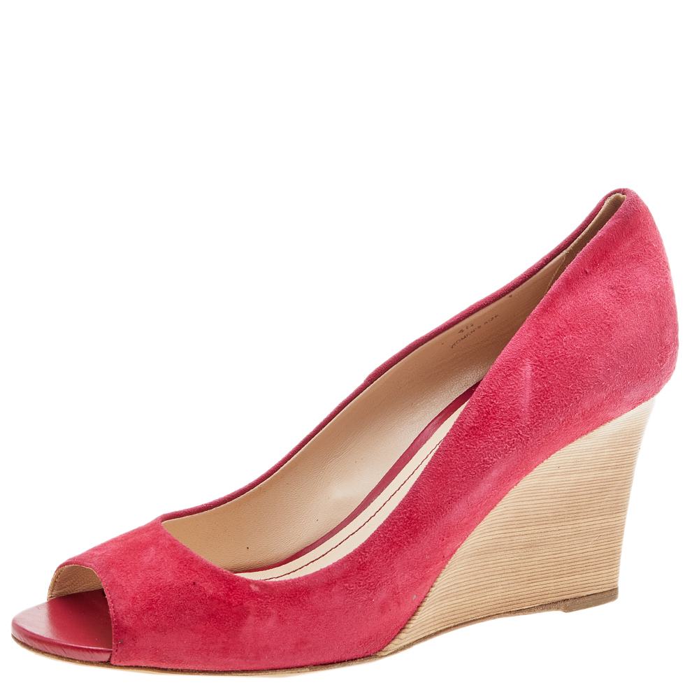 

Tod's Crimson Red Suede Peep Toe Wedge Pumps Size