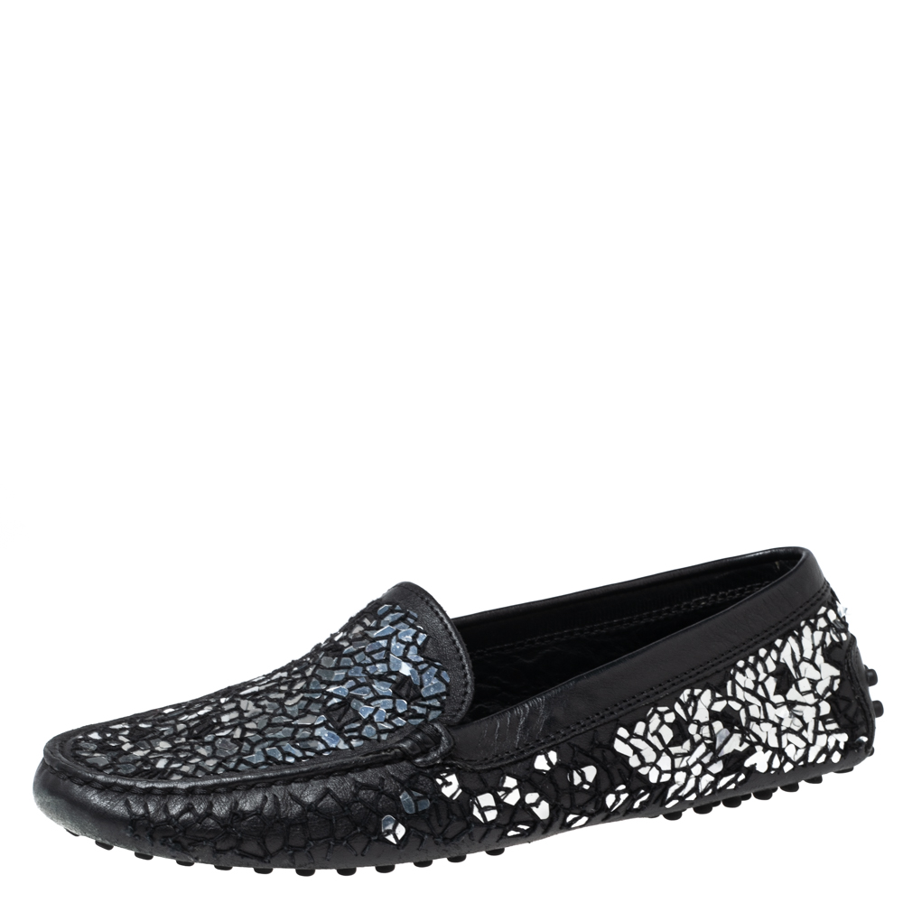 

Tod's Black/Silver Sequins Mosaic Leather Driver Loafers Size