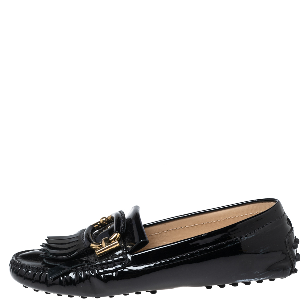 

Tod's Black Patent Leather Fringe Loafers Size