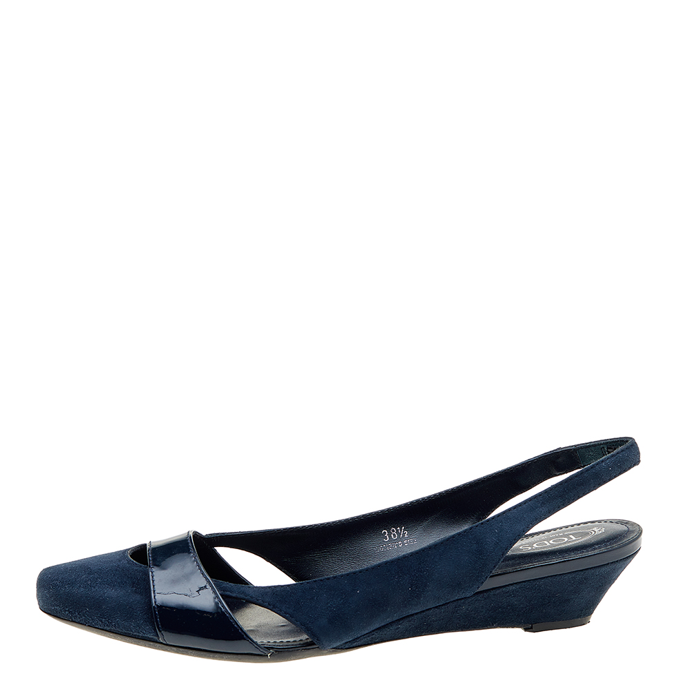 

Tod's Navy Blue Suede and Patent Leather Slingback Wedge Sandals Size