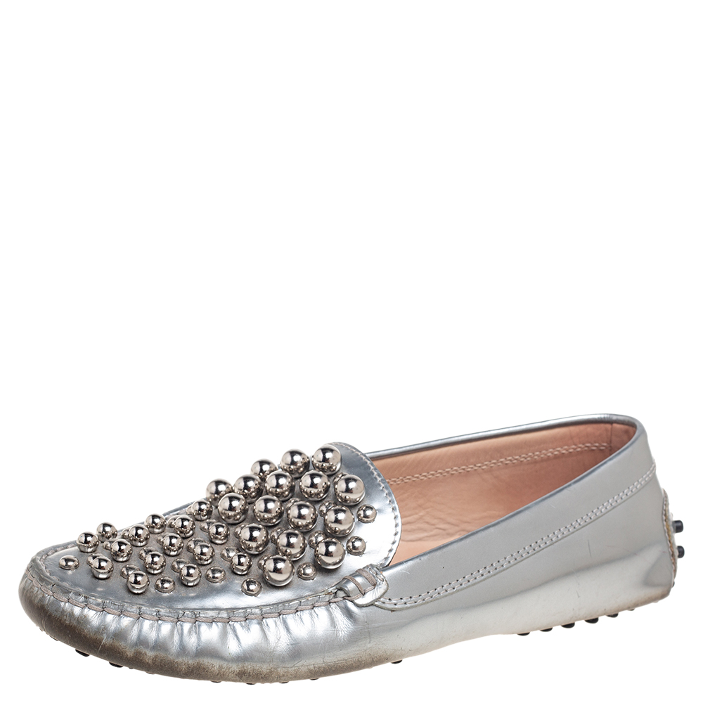 

Tod's Silver Patent Leather Studded Loafers Size