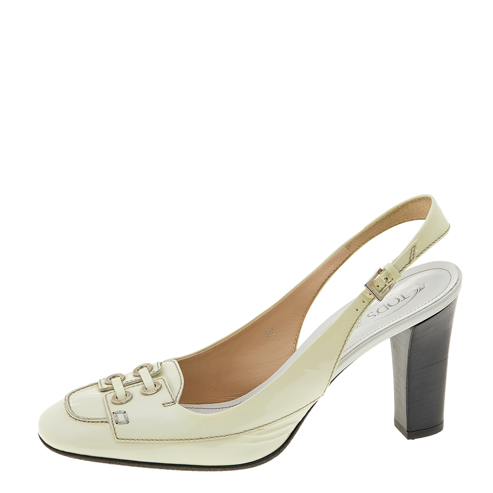 

Tod's White Patent Leather Penny Loafer Slingback Sandals Size