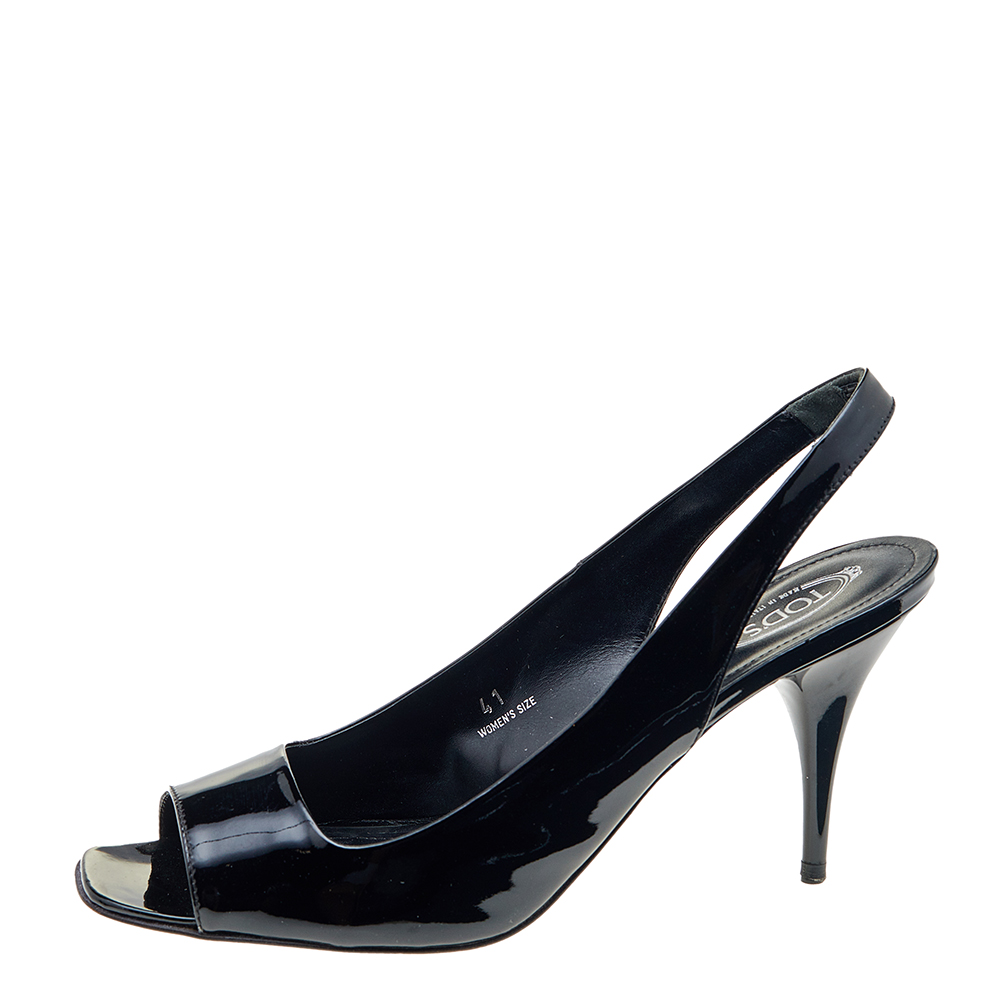 

Tod's Black Patent Leather Open Toe Slingback Sandals Size
