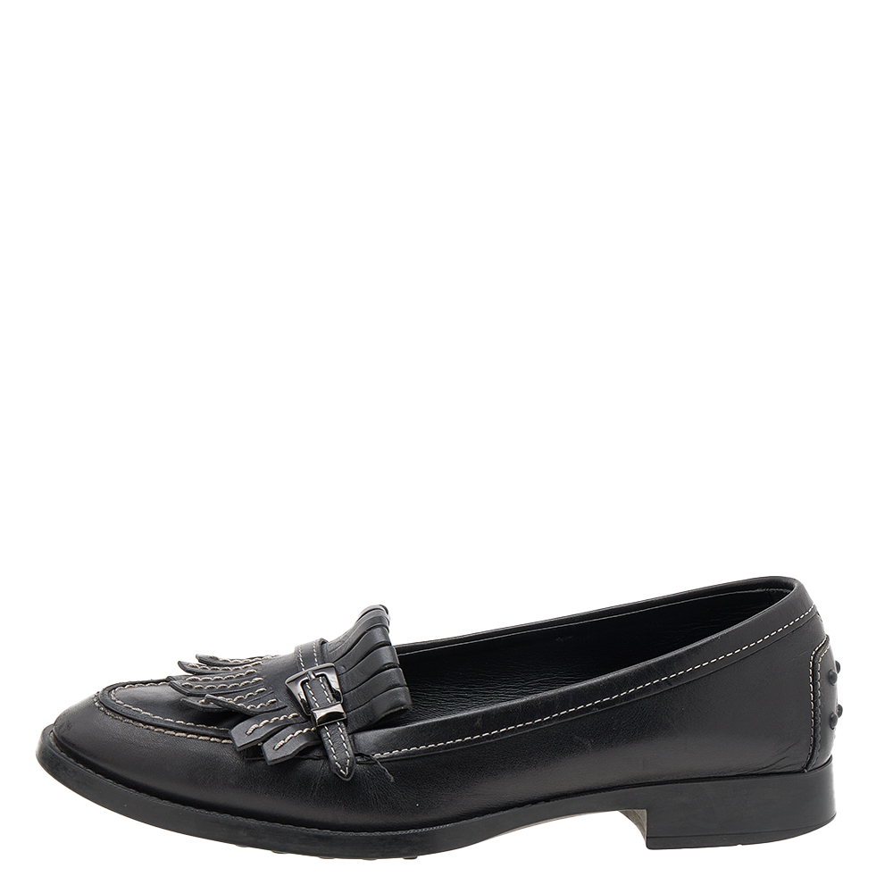 

Tod's Black Leather Fringe Loafers Size