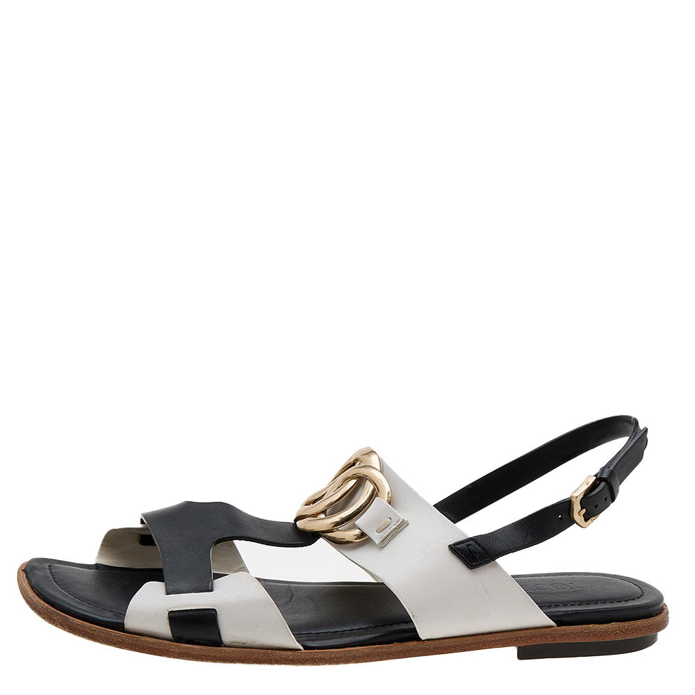 

Tod's Black/White Leather Embellished Flat Sandals Size