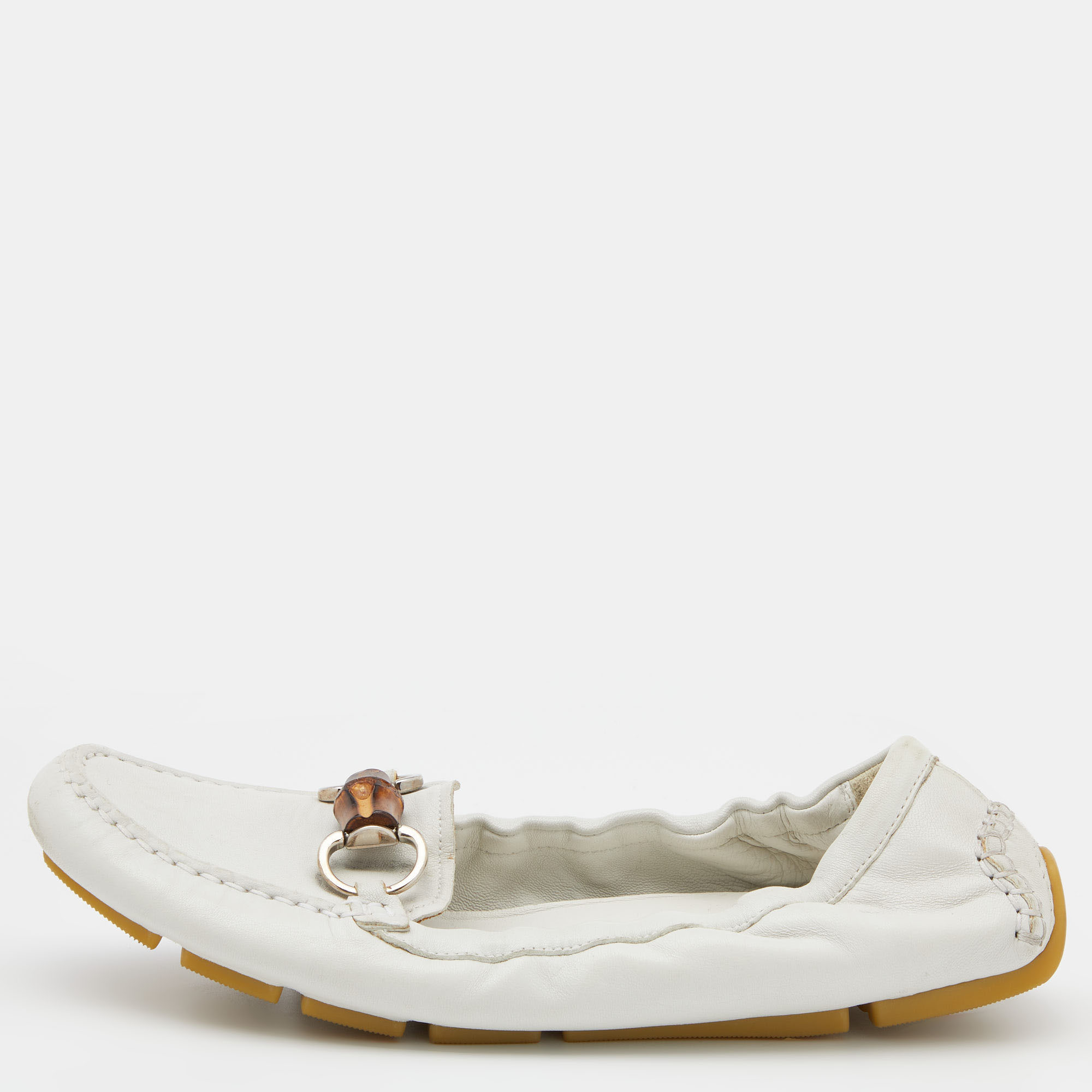Pre-owned Gucci White Leather Bamboo Driving Loafers Size 38