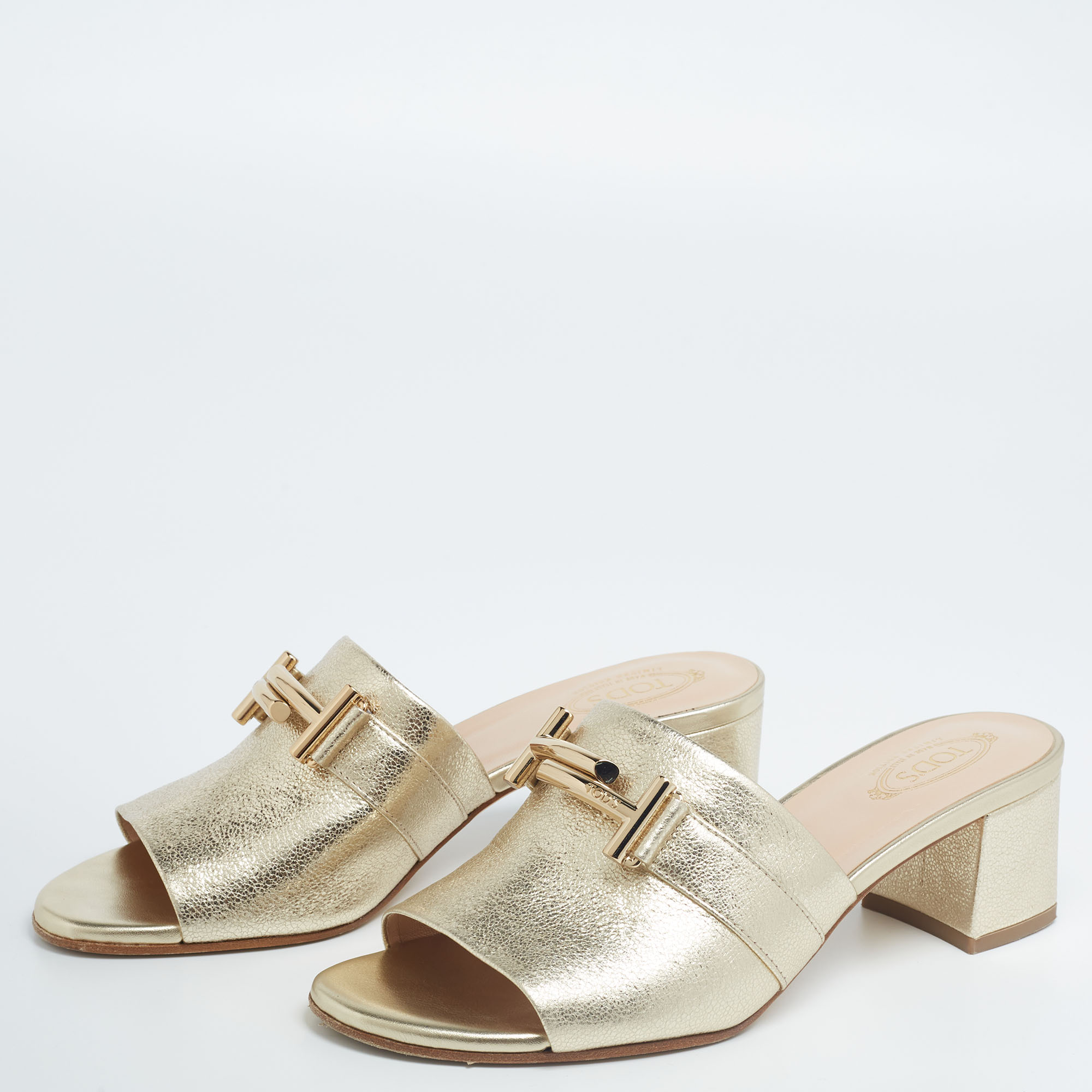 

Tod's Gold Foil Leather Double T Slide Sandals Size