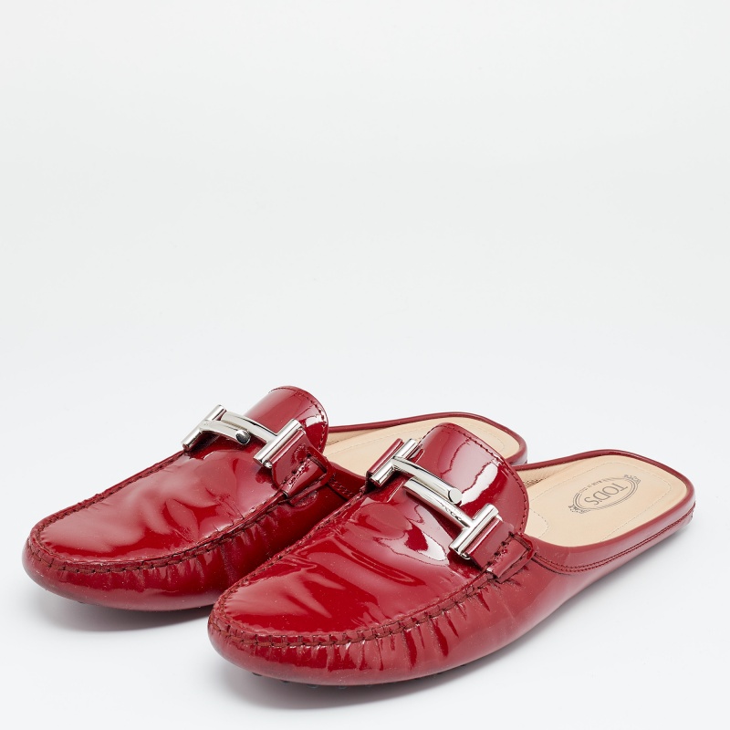 

Tod's Red Patent Leather Double T Flat Loafer Mules Size