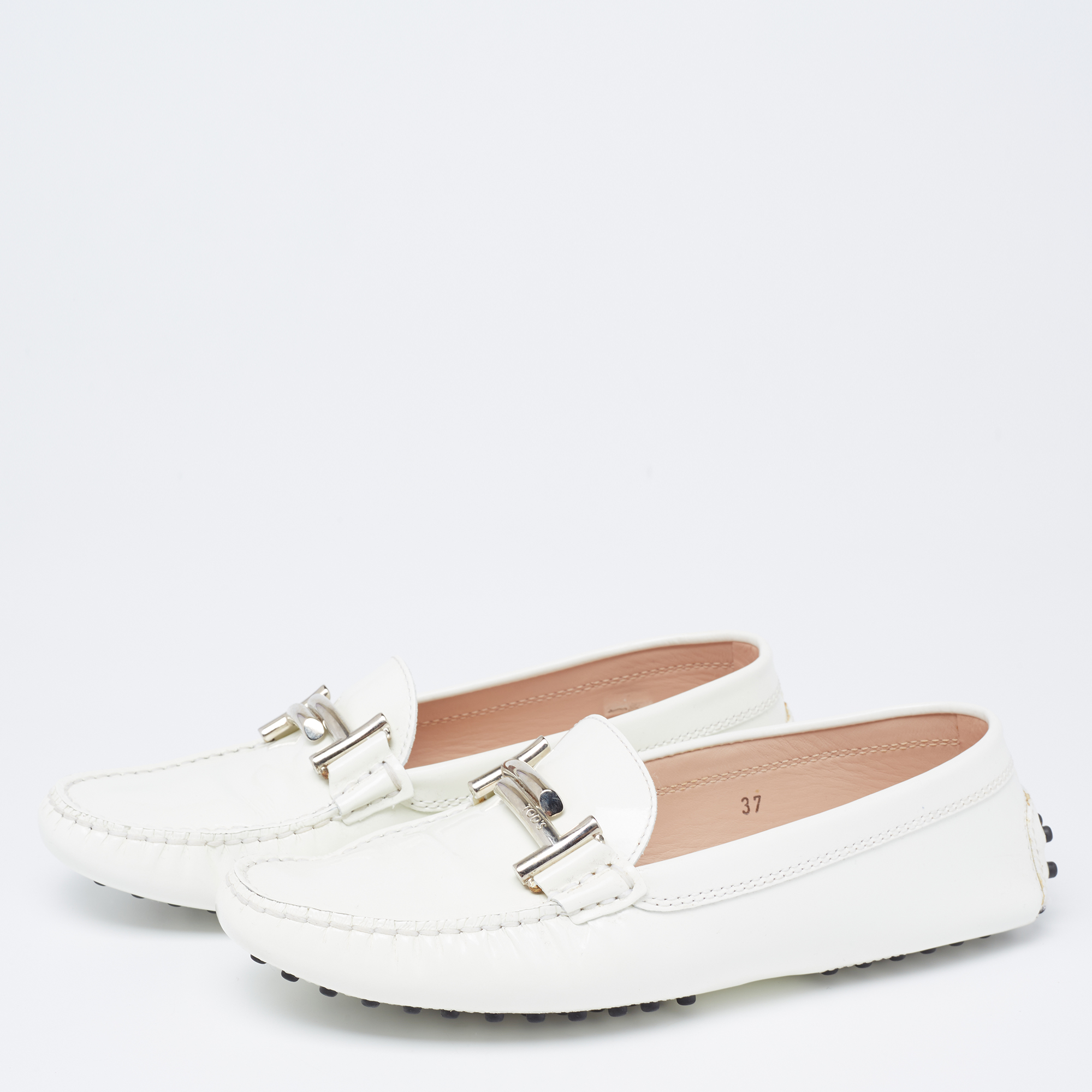 

Tod's Off-White Patent Leather Double T Loafers Size