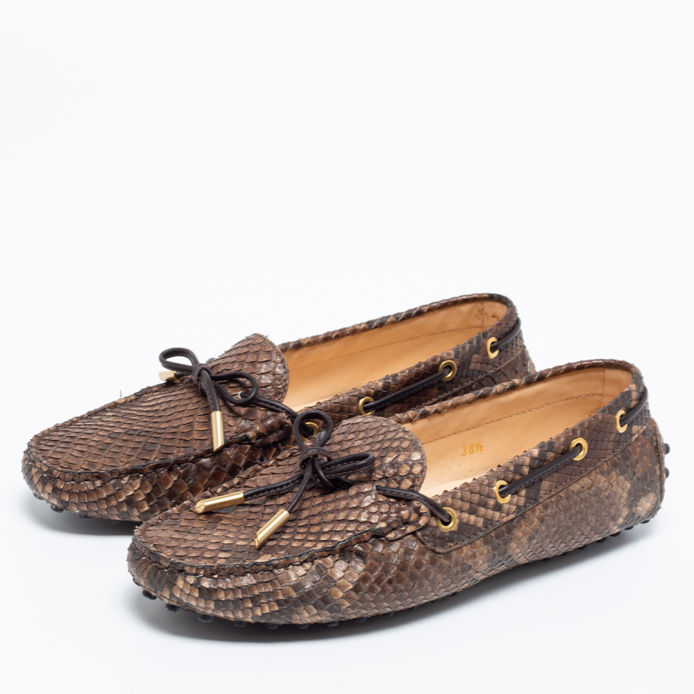 

Tod's Two-Tone Python Leather Bow Loafers Size, Brown