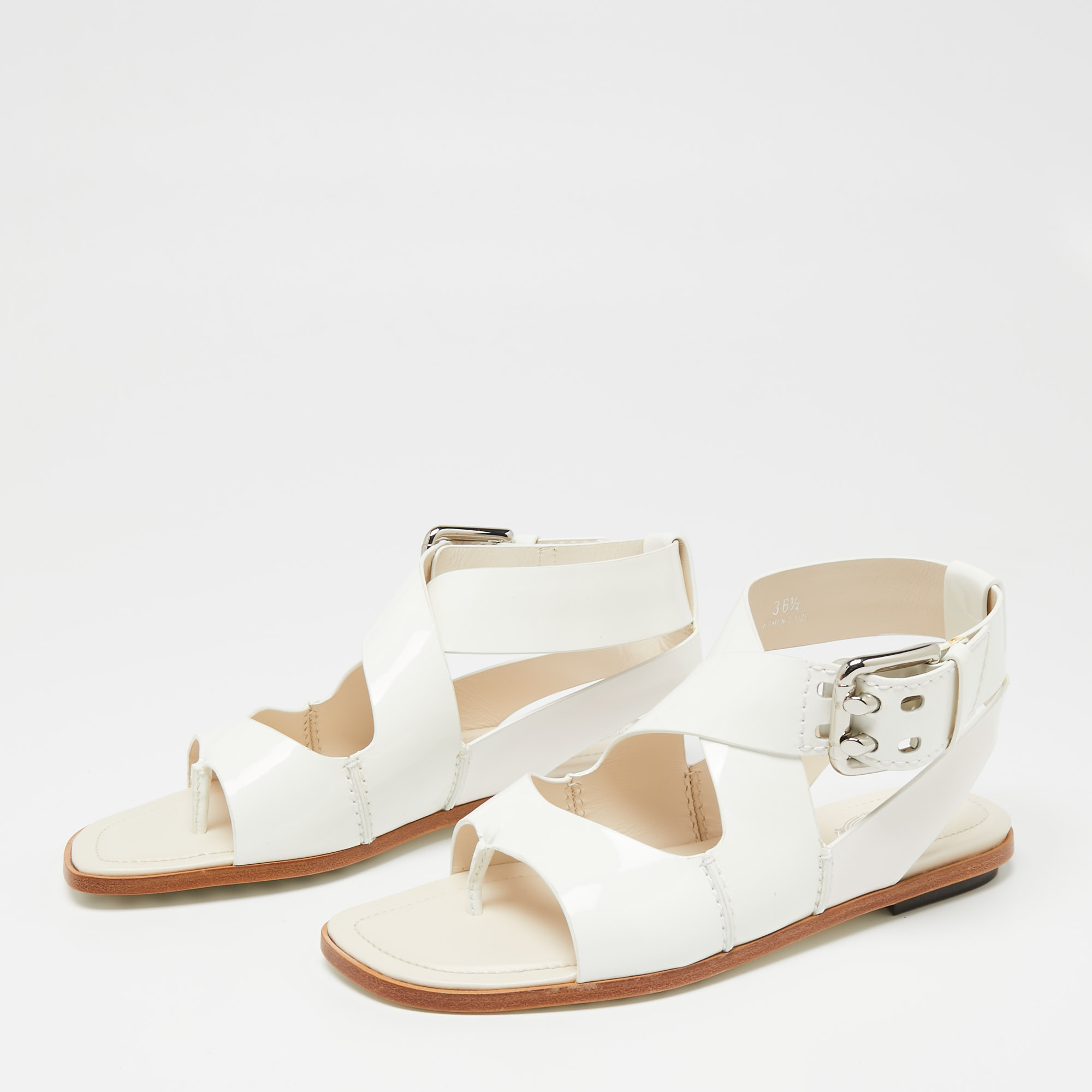 

Tod's White Patent Leather Cross Buckle Anklet Strap Flat Sandals Size