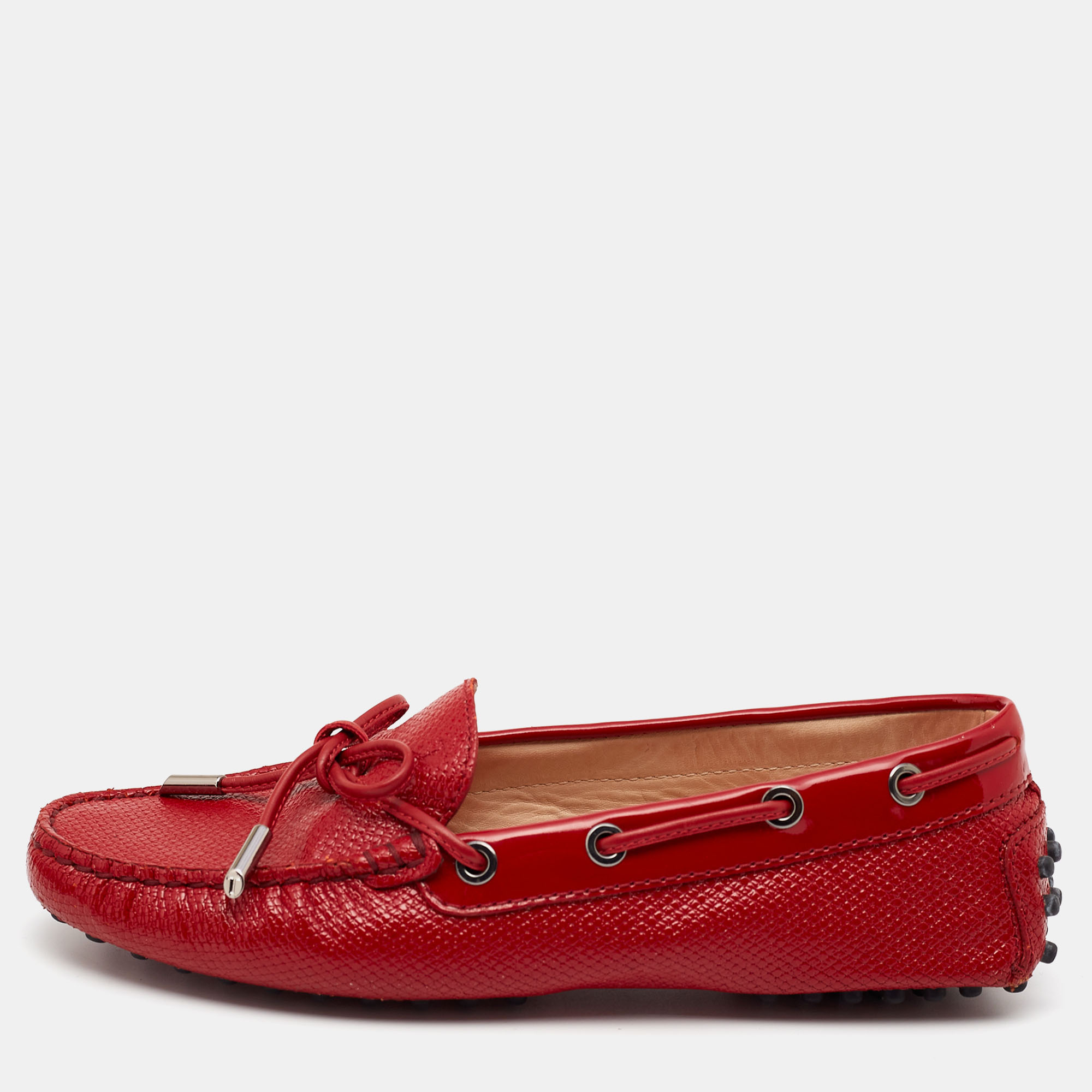 Pre-owned Tod's Red Patent Bow Slip On Loafers Size 36