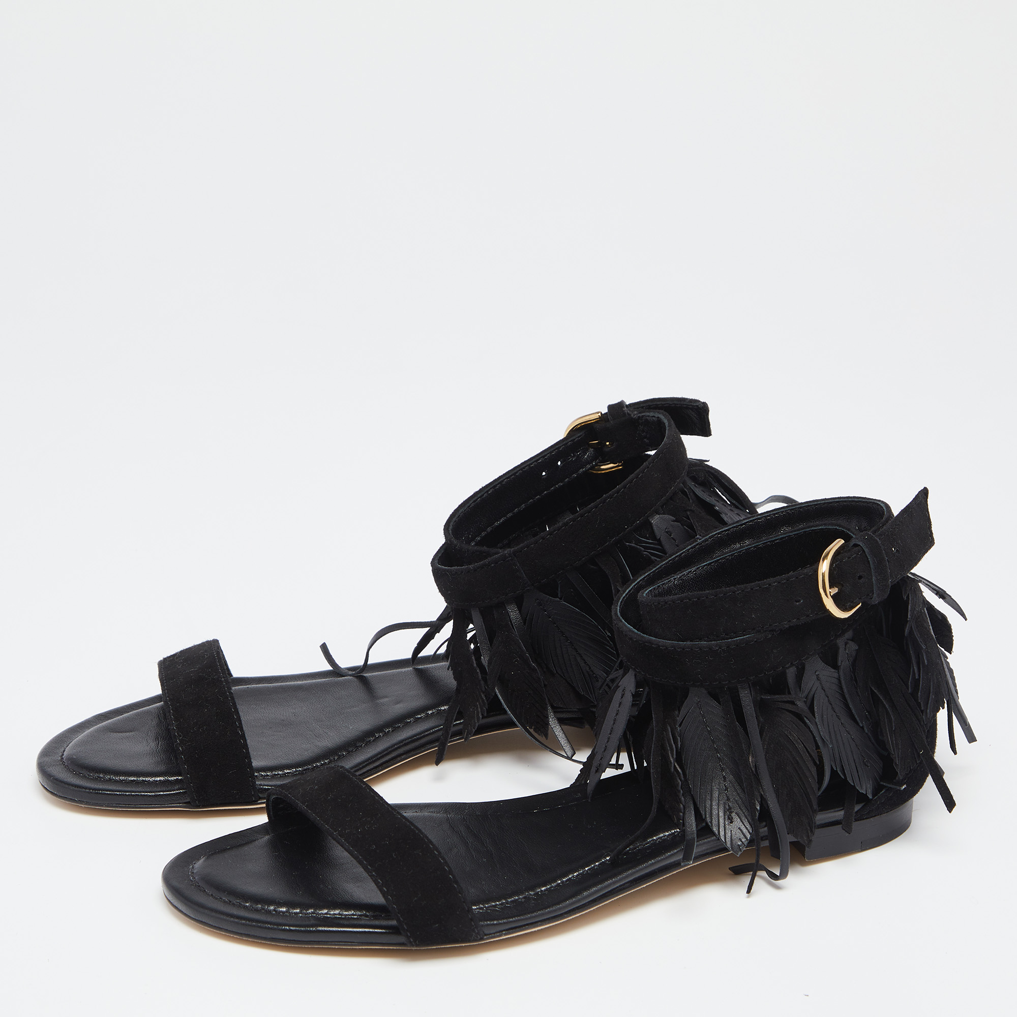 

Tod's Black Suede Feather Detail Flat Ankle Strap Sandals Size