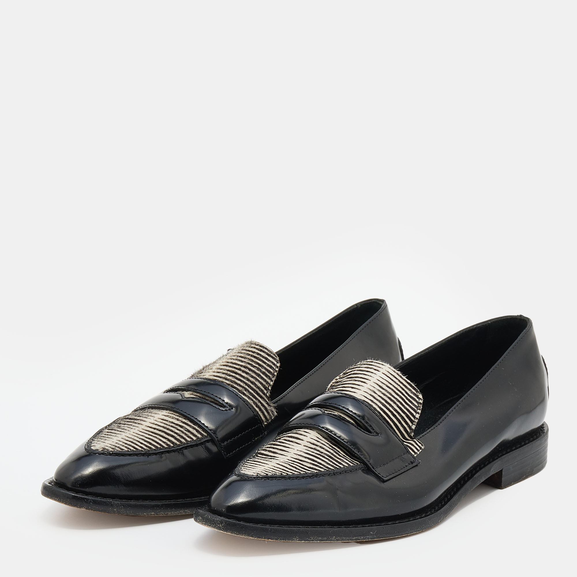 

Tod's Black/White Leather Calf Hair Penny Slip On Loafers Size