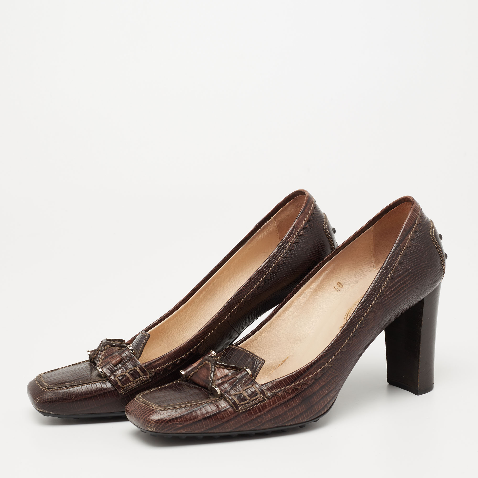 

Tod's Brown Lizard Embossed Leather Square Toe Loafer Pumps Size