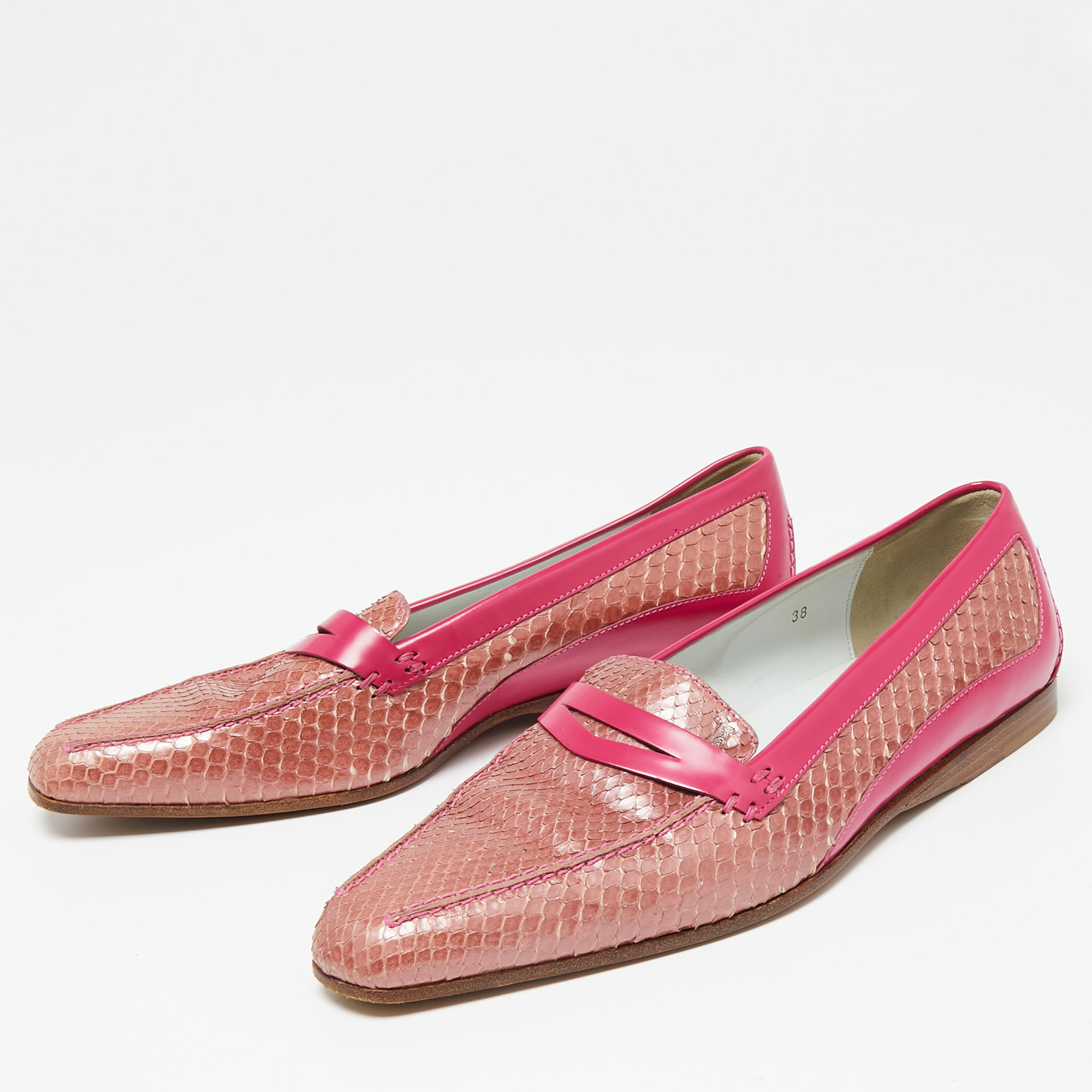 

Tod's Hot Pink/Baby Pink Patent and Snakeskin Leather Penny Loafers Size