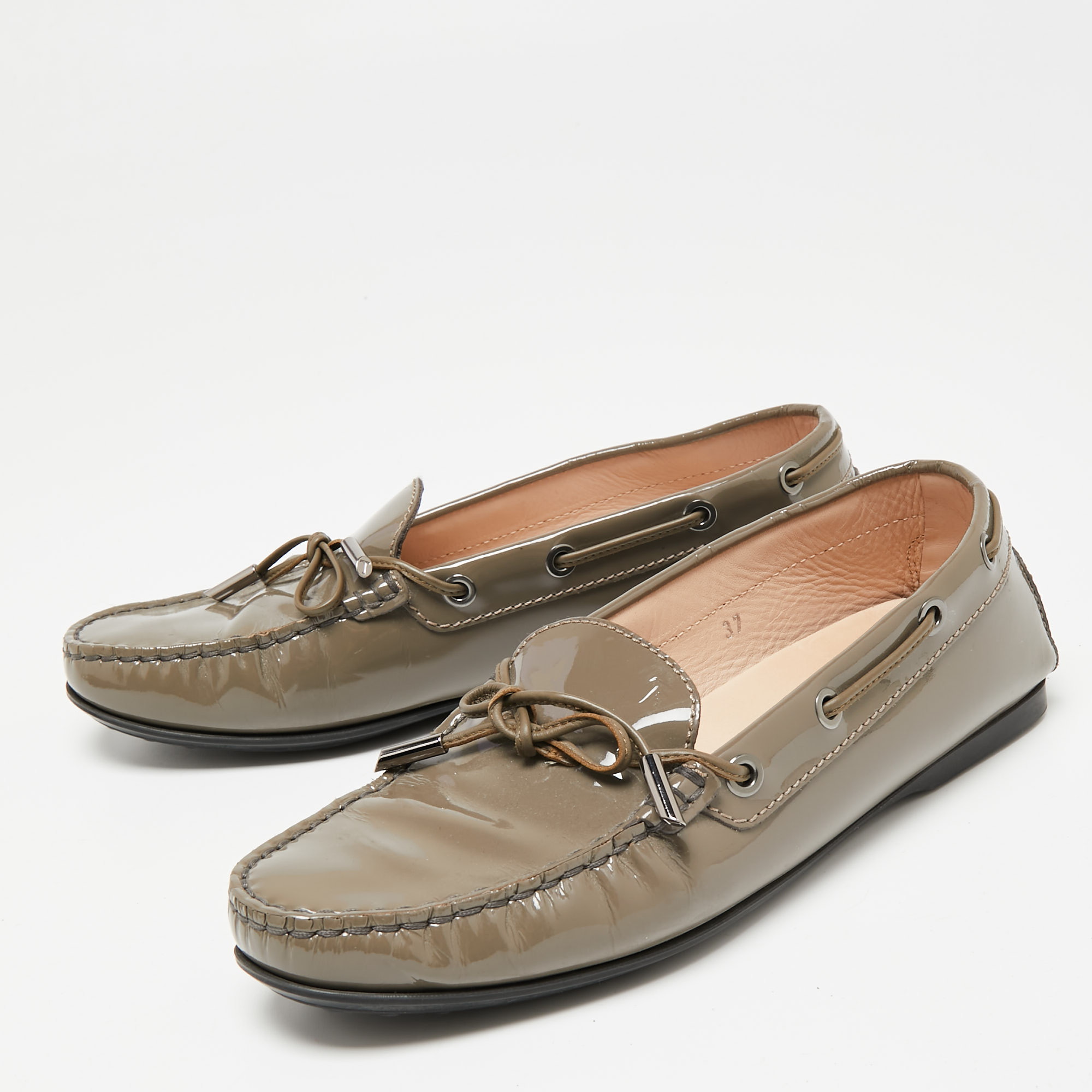 

Tod's Grey Patent Leather Penny Loafers Size