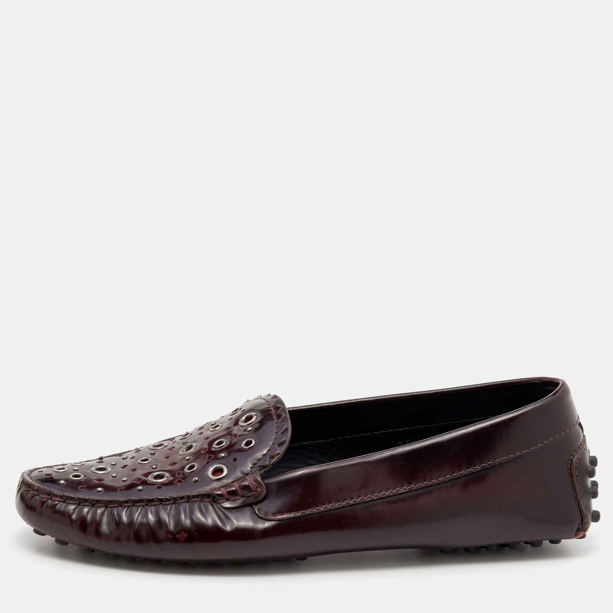 

Tod's Burgundy Patent Leather Laser Cut Loafers Size