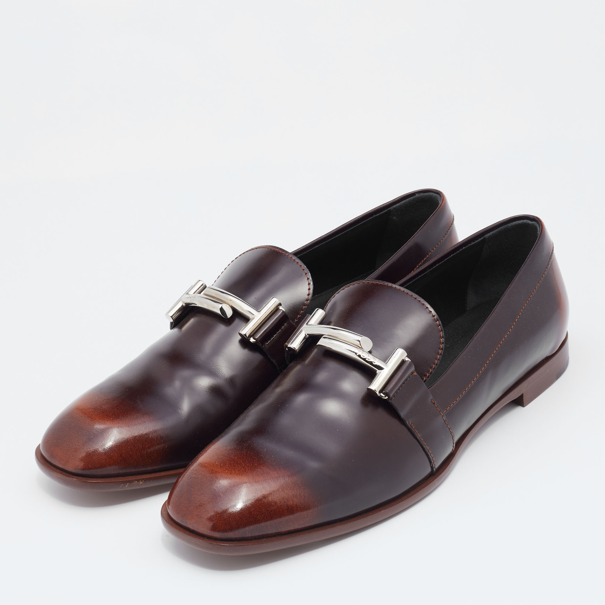 

Tod's Two Tone Leather Double T Slip On Loafers Size, Brown