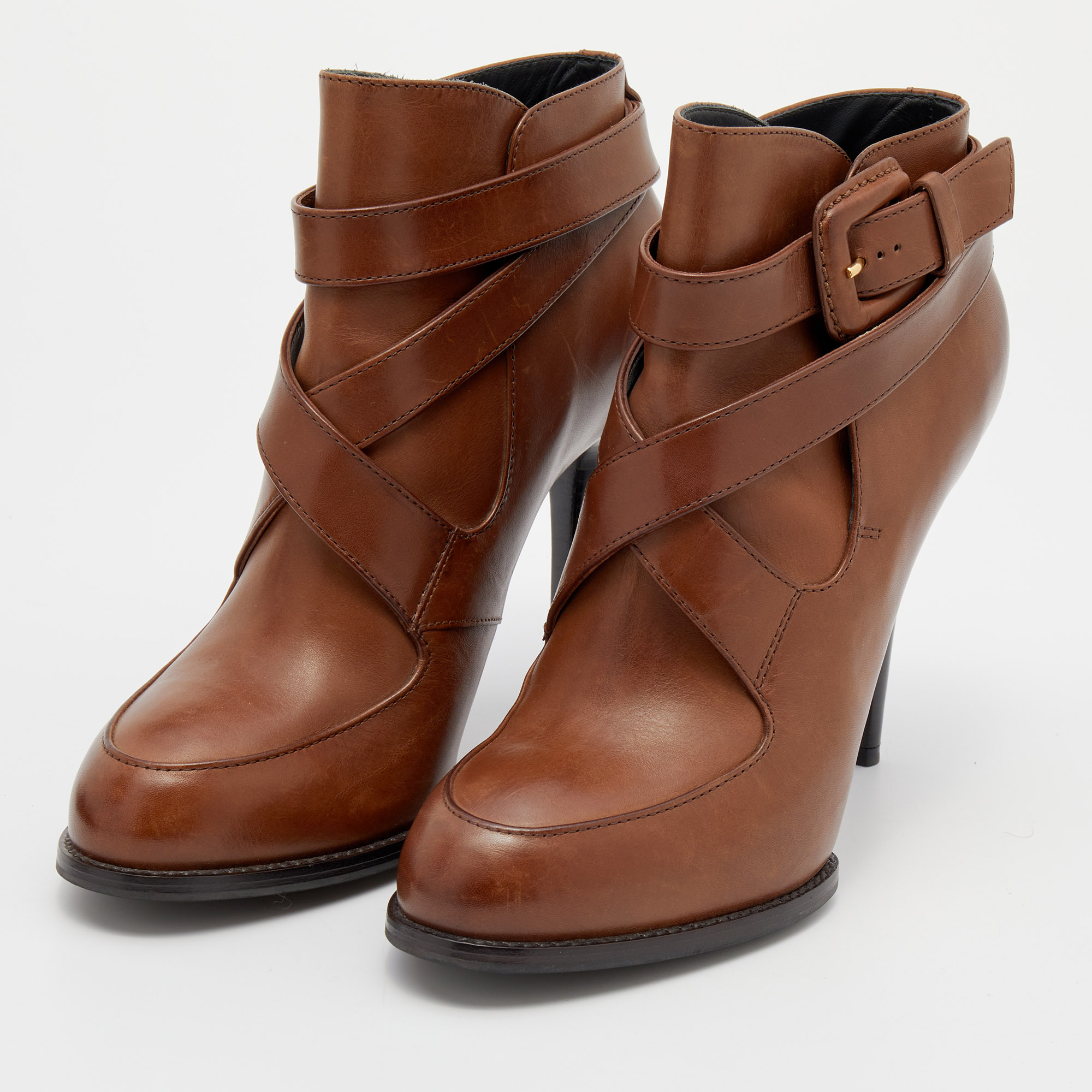 

Tod's Brown Leather Cross Strap Ankle Booties Size