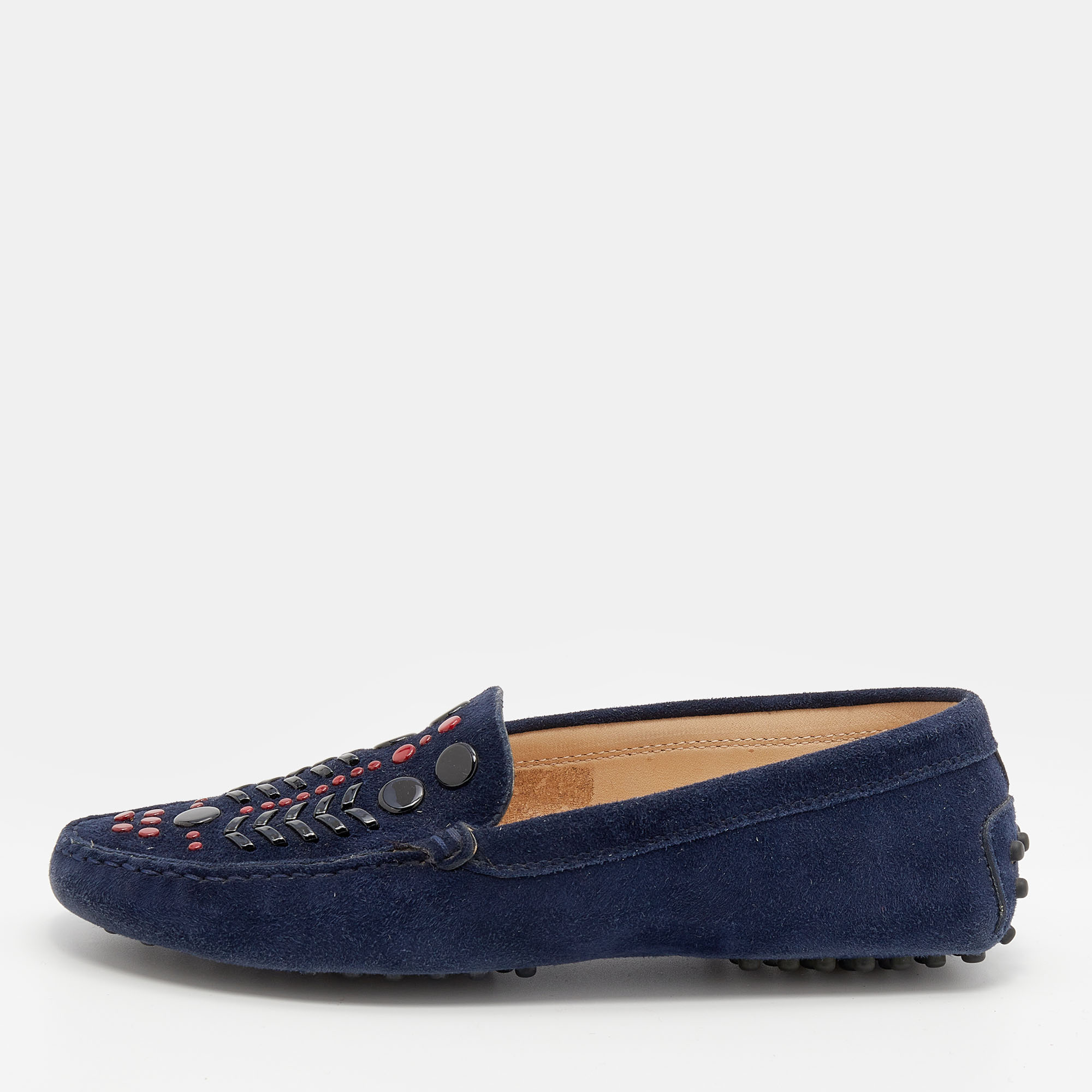 

Tod's Navy Blue Suede Studded Slip On Loafers Size