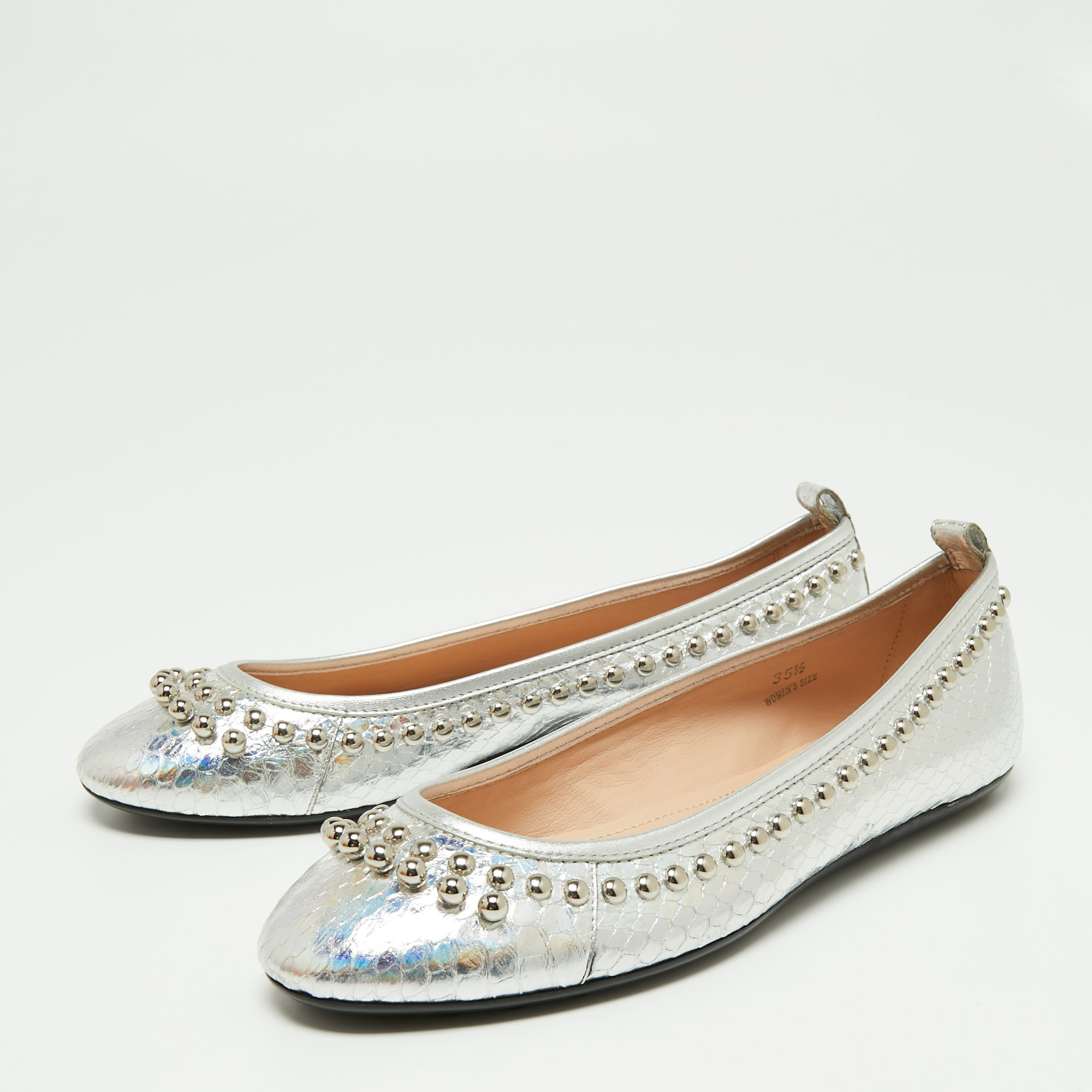 

Tod's Metallic Silver Python Effect Leather Studded Ballet Flats Size