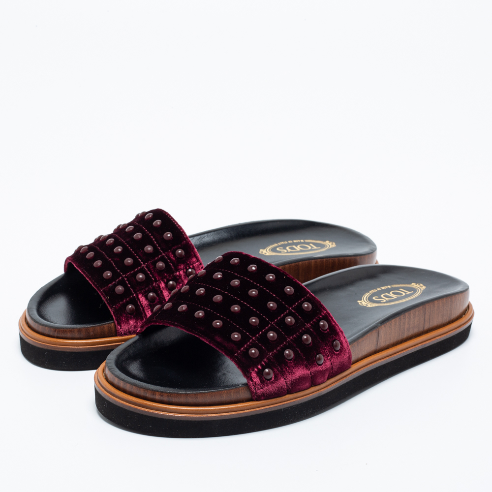 

Tod's Burgundy Velvet Studded Flat Slide Sandals Size