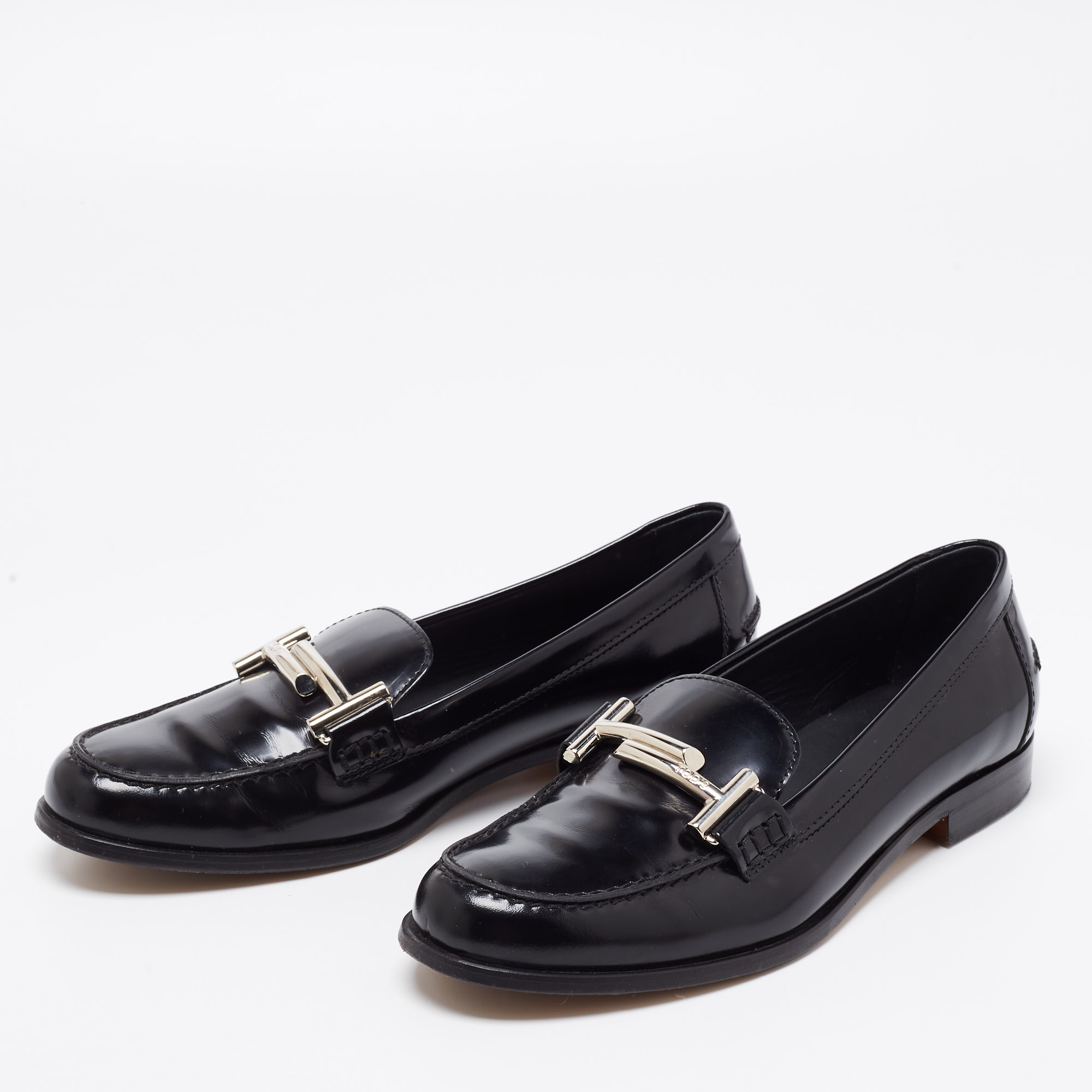 

Tod's Black Leather Double T Block Heel Loafers Size 35.5