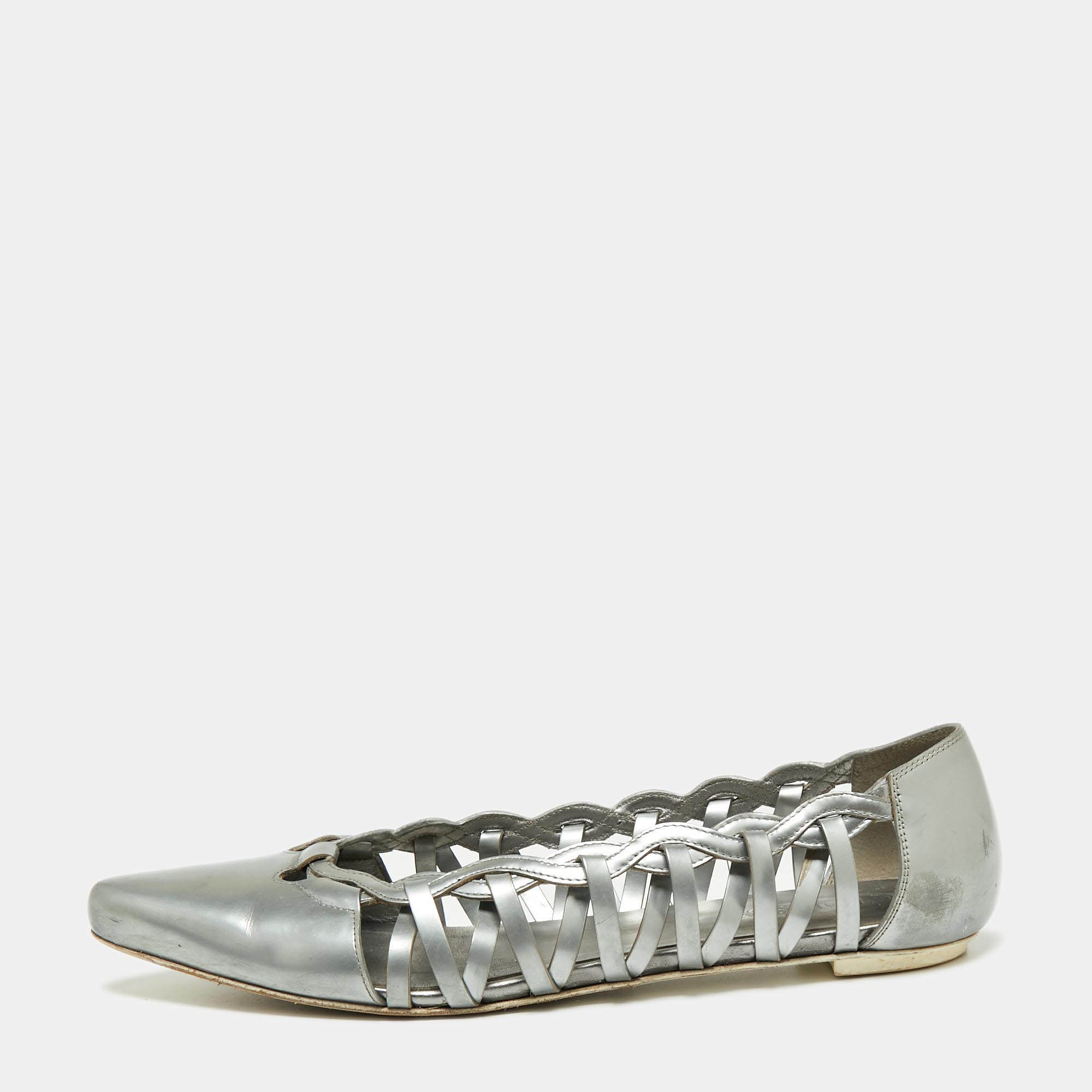 

Tod's Grey Patent Leather Braided Detailed Pointed Toe Ballet Flats Size