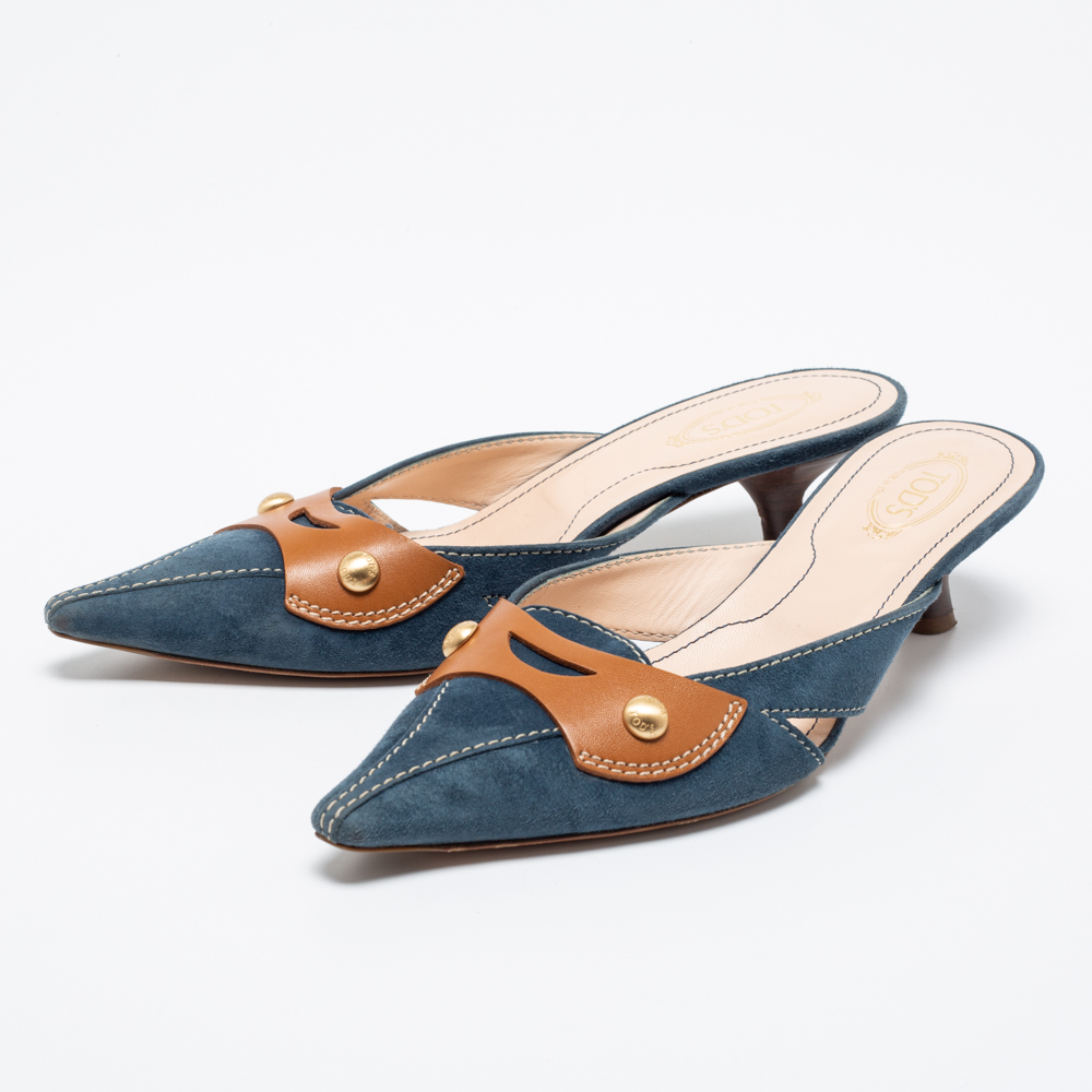 

Tod's Blue/Brown Suede And Leather Mule Sandals Size
