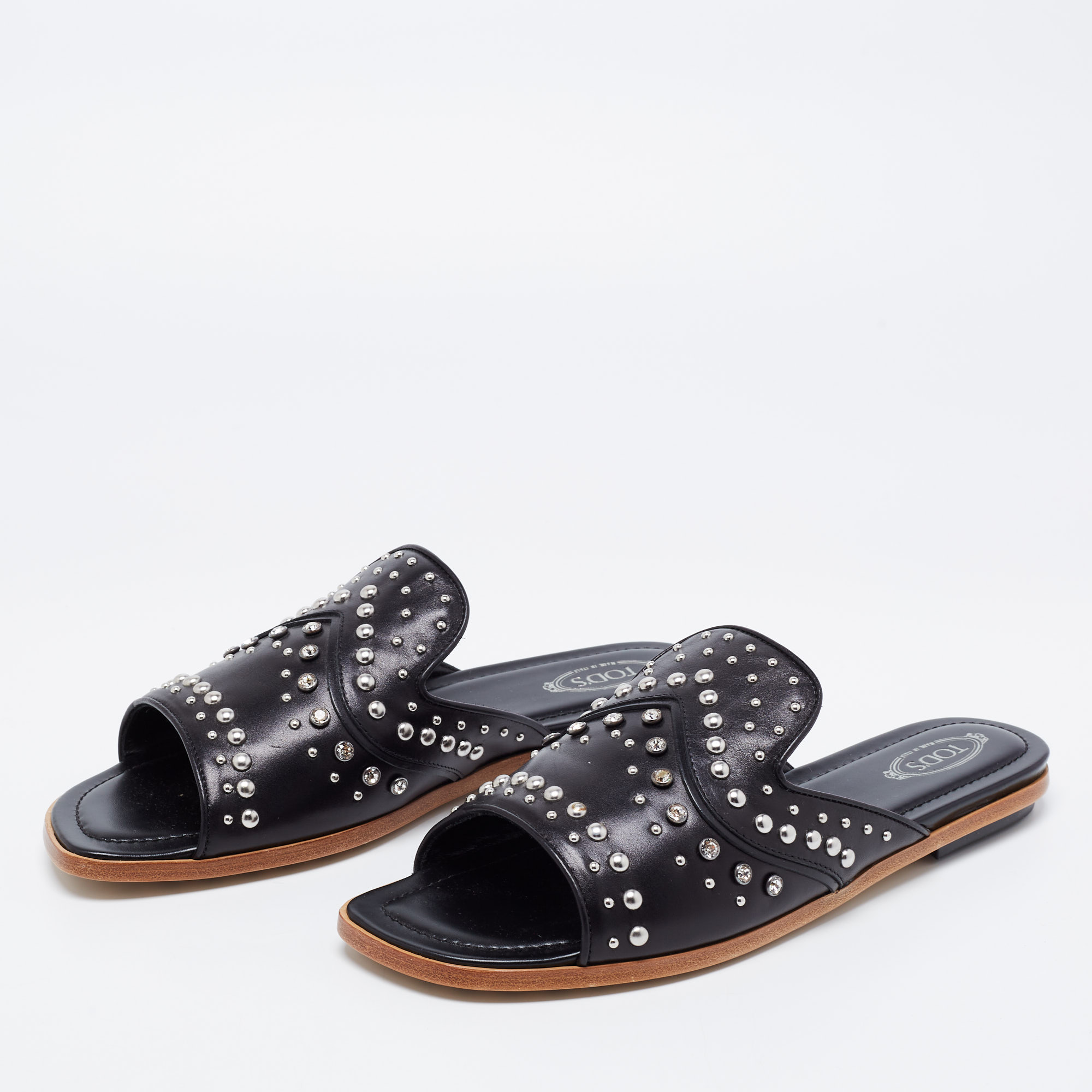 

Tod's Black Leather Studded Embellished Slide Flat Sandals Size