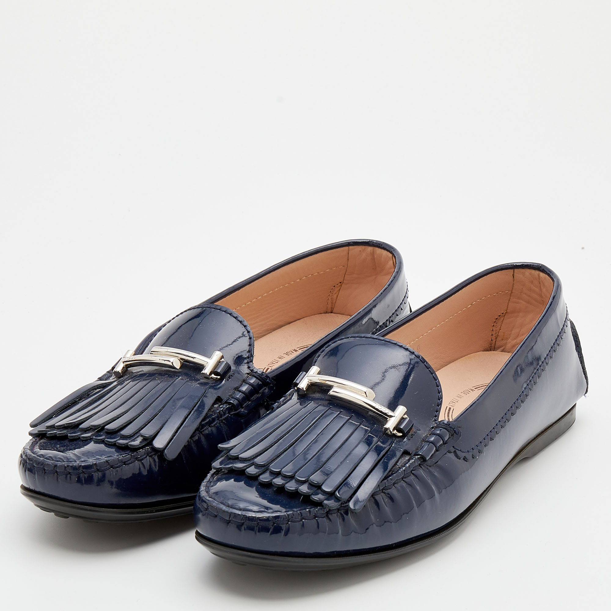 

Tod's Blue Patent Leather Double T Fringe Loafers Size