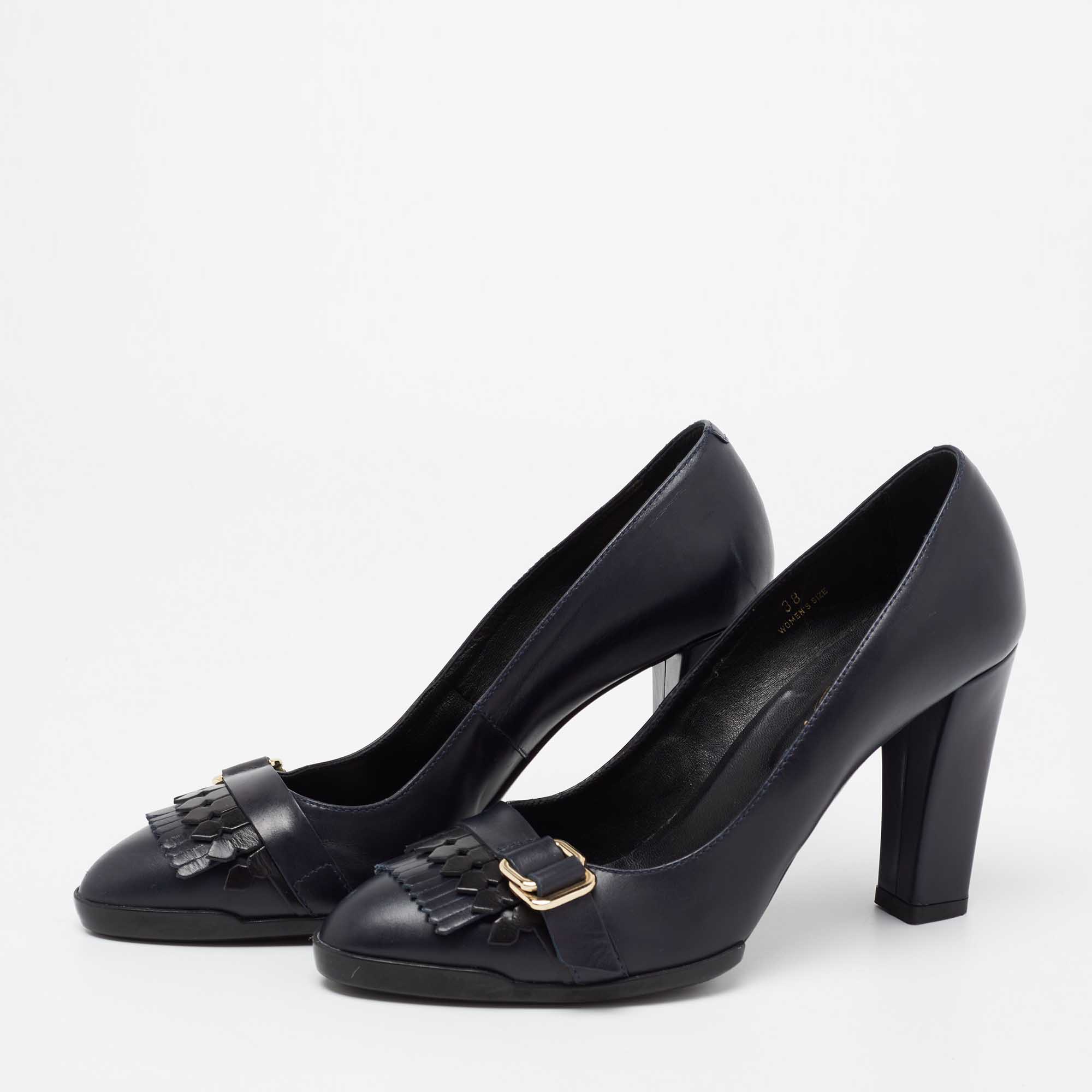 

Tod's Navy Blue Leather Fringe Loafer Pumps Size