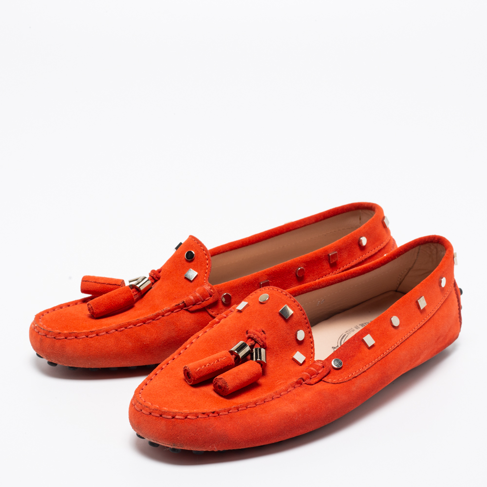 

Tod's Dark Orange Suede Tassel Studded Loafers Size