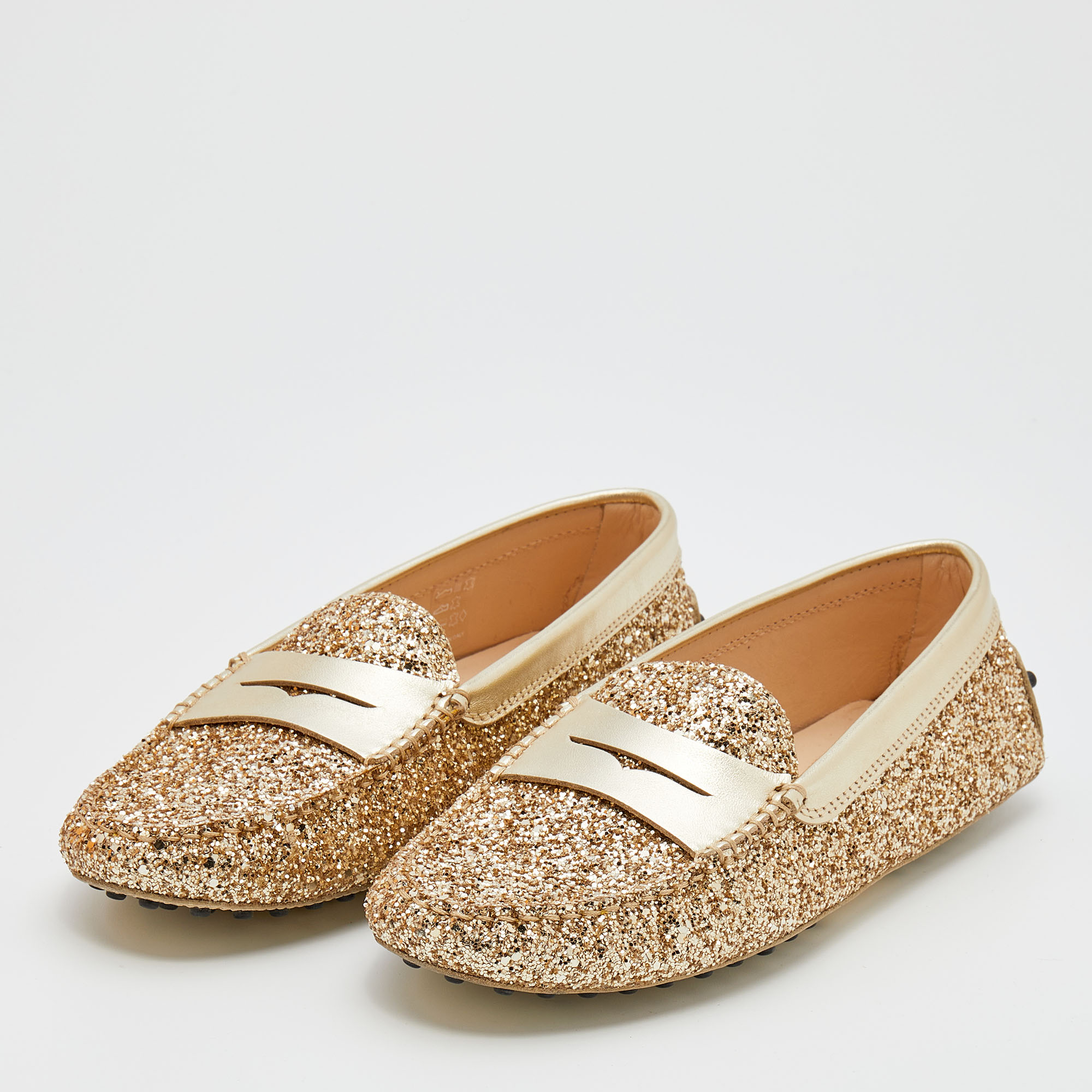 

Tod's Metallic Gold Glitter And Leather Penny Slip On Loafers Size