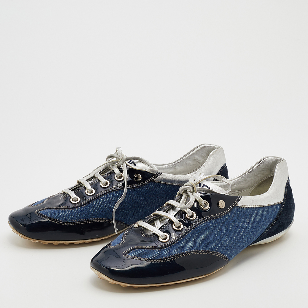 

Tod's Blue/Silver Denim And Leather Low Top Sneakers Size