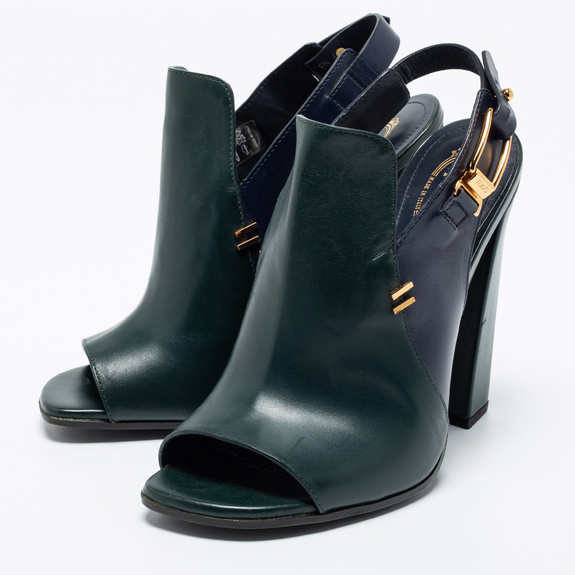 

Tod's Dark Green/Navy Blue Leather Slingback Open-Toe Sandals Size