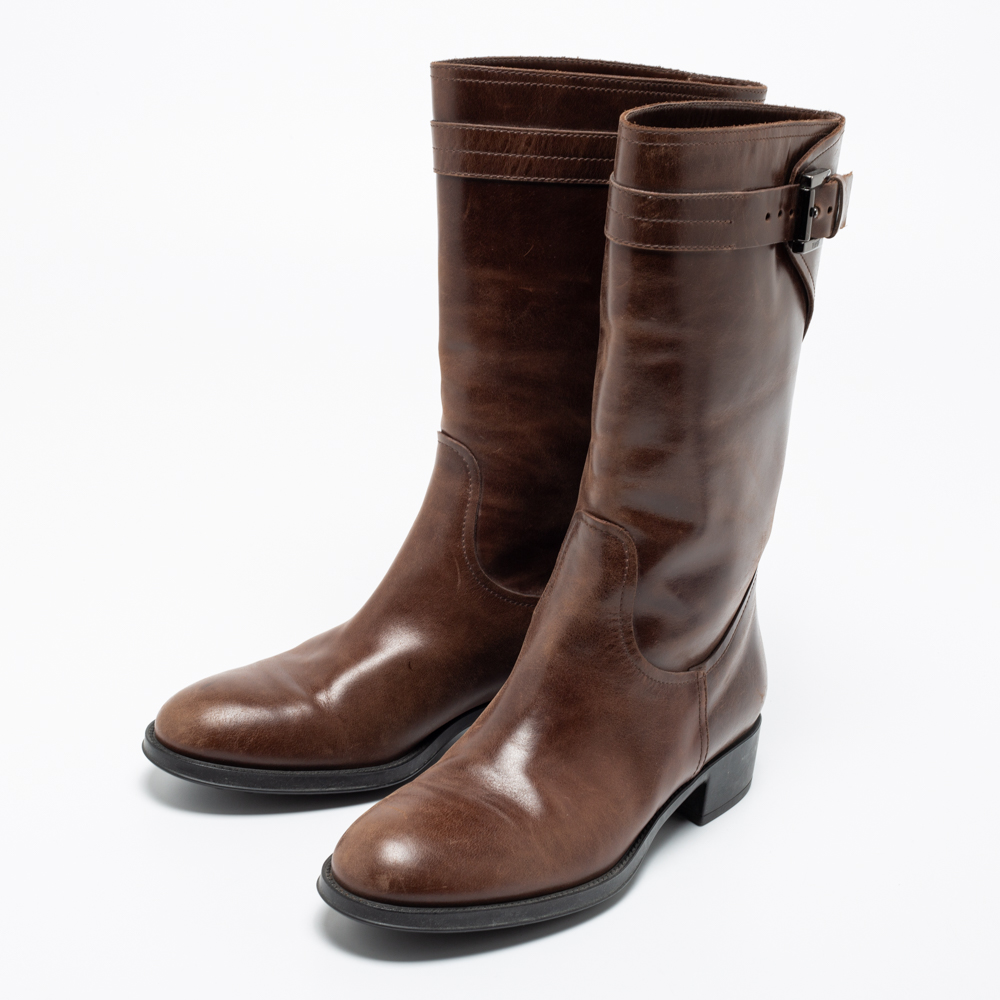 

Tod's Brown Leather Mid Calf Buckle Detail Biker Boots Size