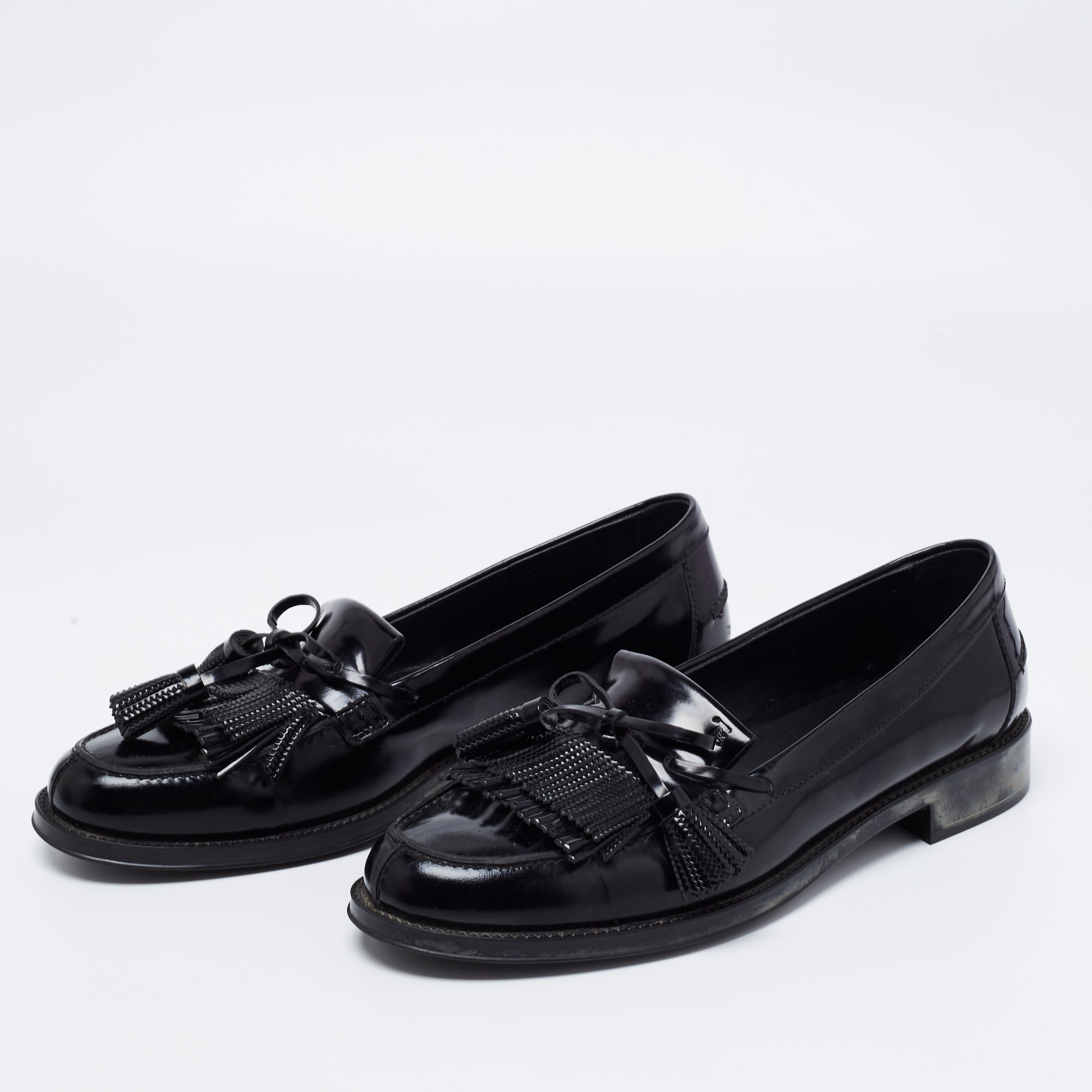 

Tod's Black Patent Leather Tassel Bow Fringe Detail Loafers Size