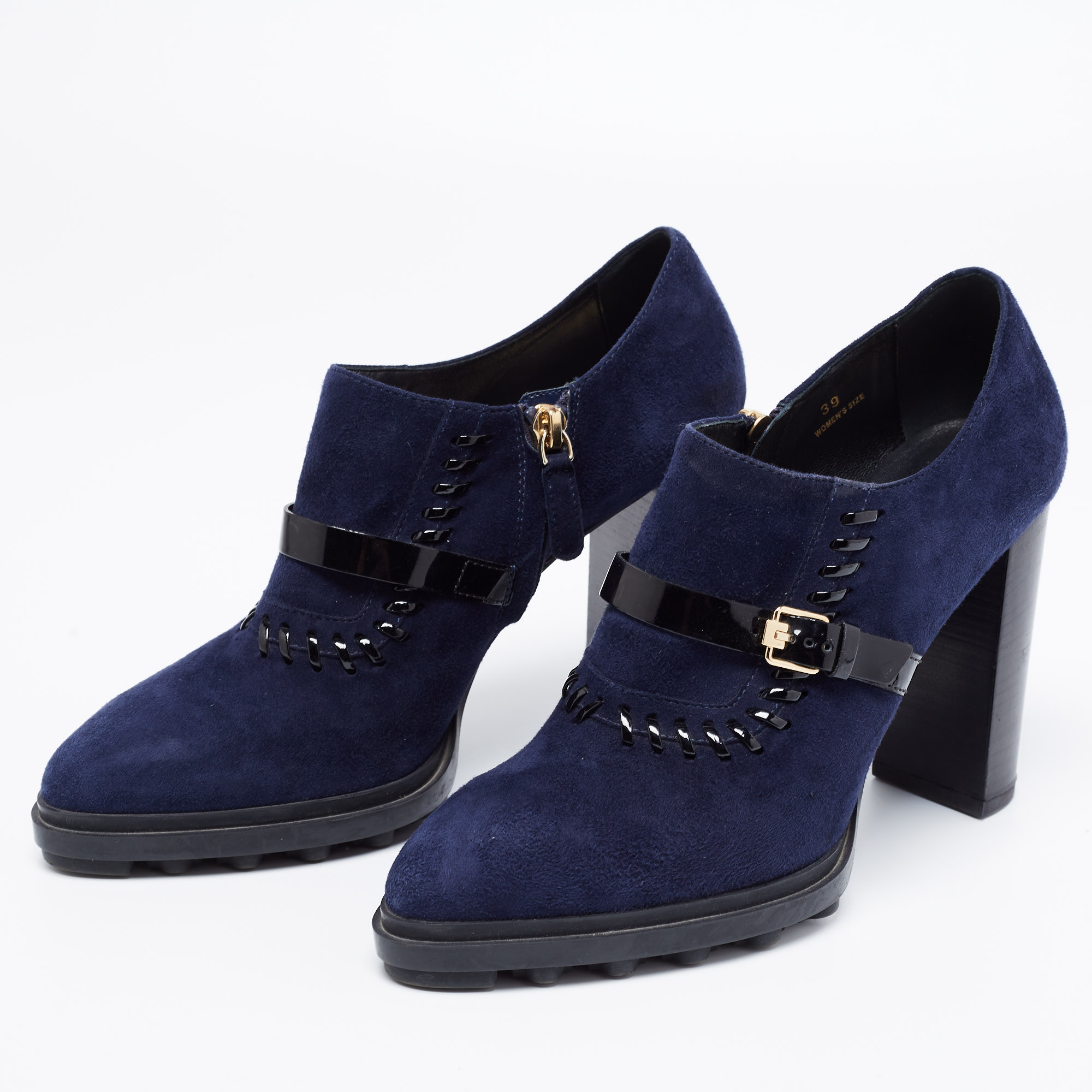 

Tod's Navy Blue/Black Suede And Patent Leather Whipstitch Detail Ankle Booties Size