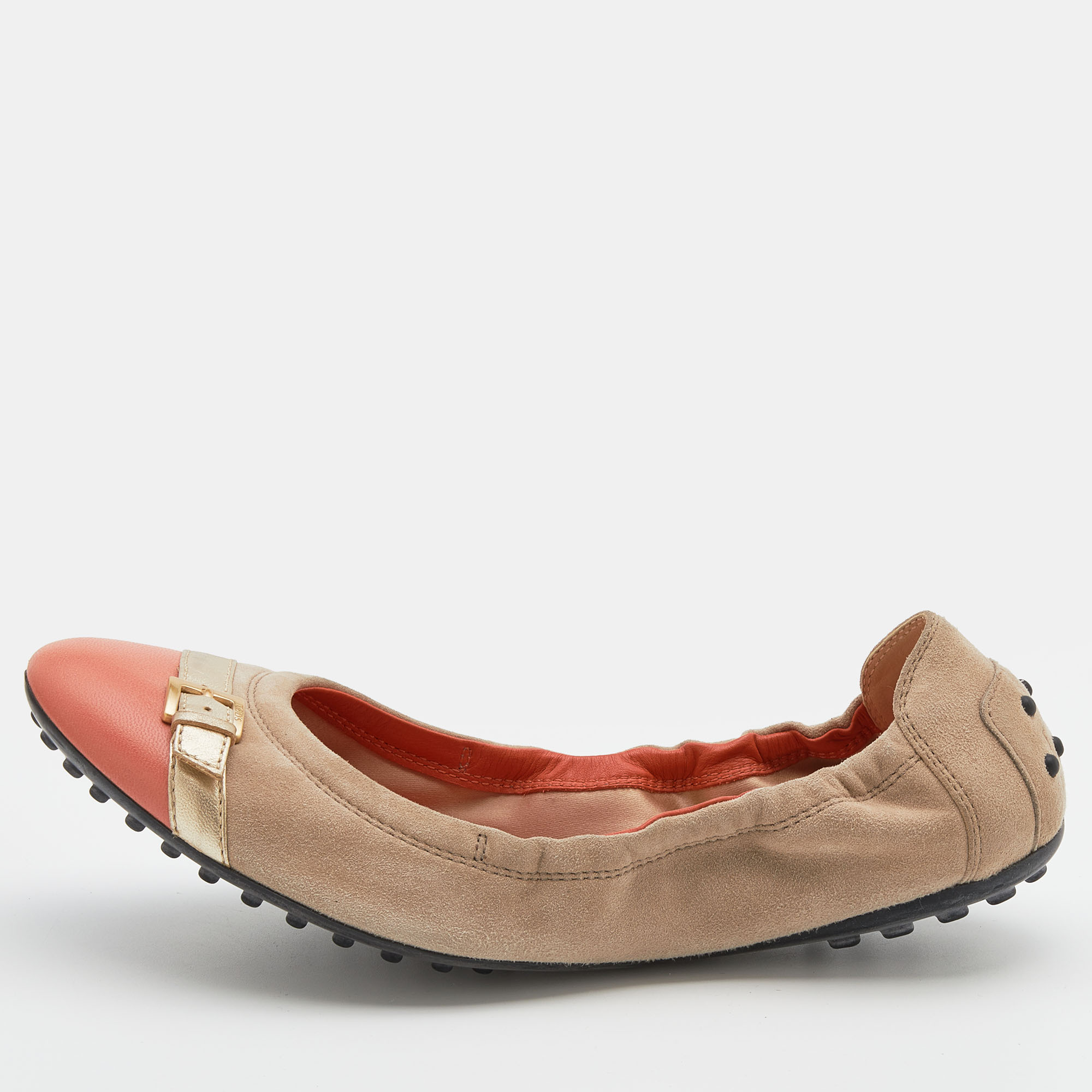 

Tod's Beige/Oragne Suede And Leather Cap Toe Scrunch Ballet Flats Size
