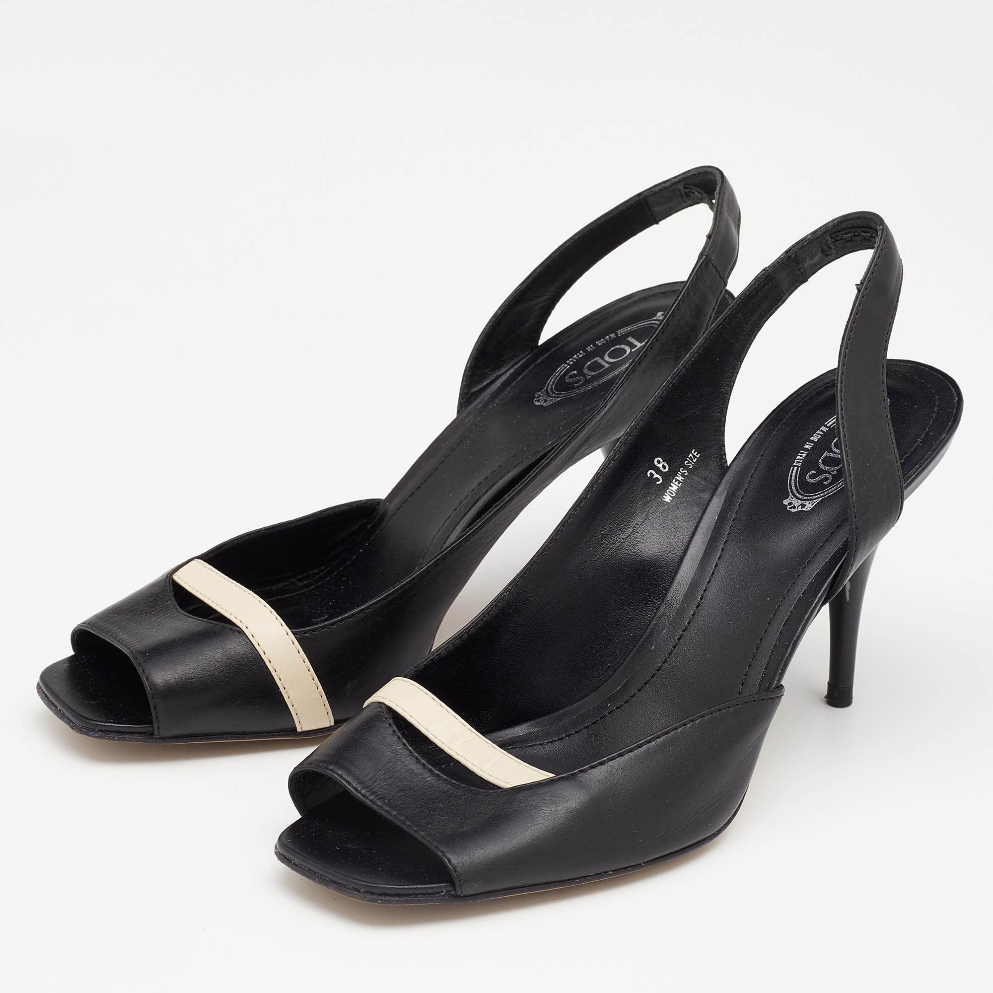

Tod's Black/Cream Leather D'Orsay Open Toe Slingback Sandals Size