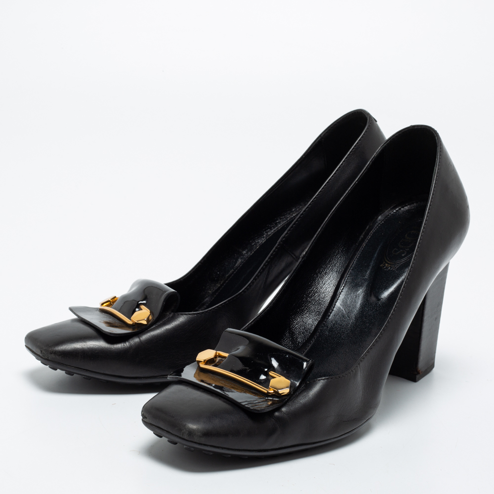 

Tod's Black Leather Block Heel Square Toe Pumps Size