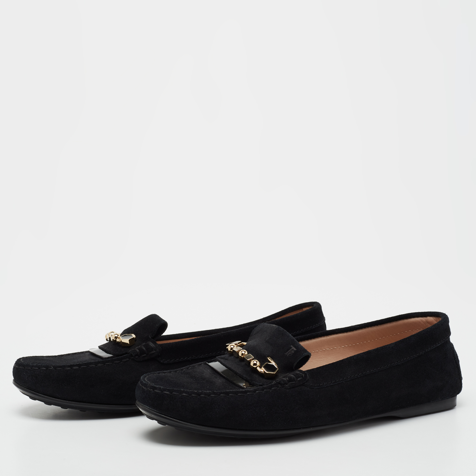 

Tod's Black Suede Safety Pin Slip-On Loafers Size