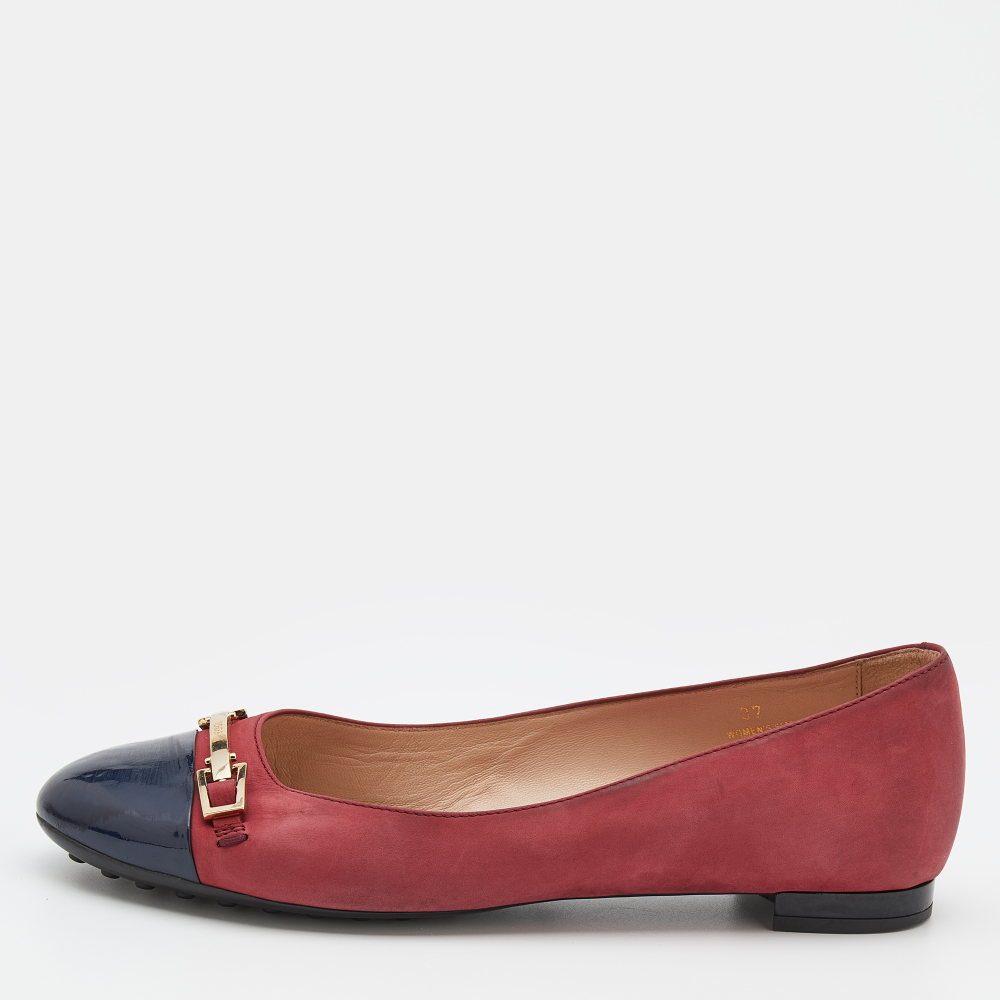 

Tod's Crimson Red/Blue Leather And Patent Leather Cap Toe Buckle Ballet Flats Size