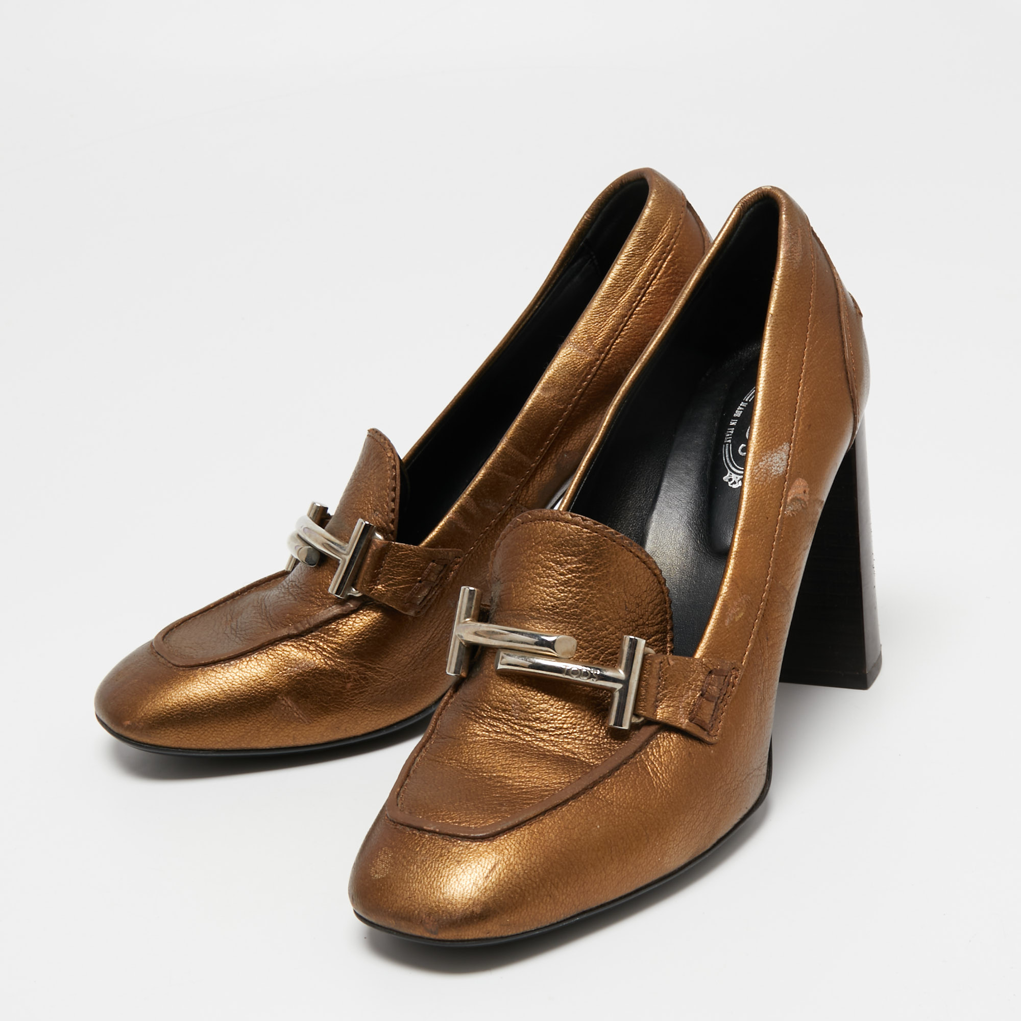 

Tod's Metallic Bronze Leather Buckle Loafer Pumps Size