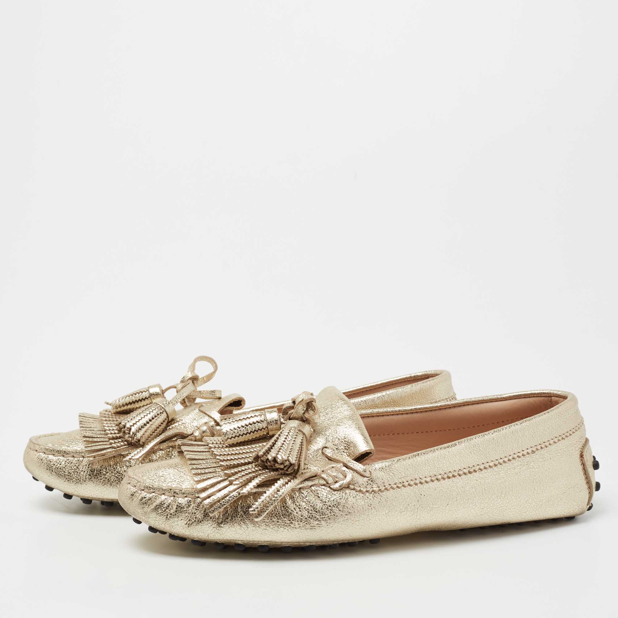 

Tod's Gold Leather Tassel Bow And Fringe Driver Loafers Size